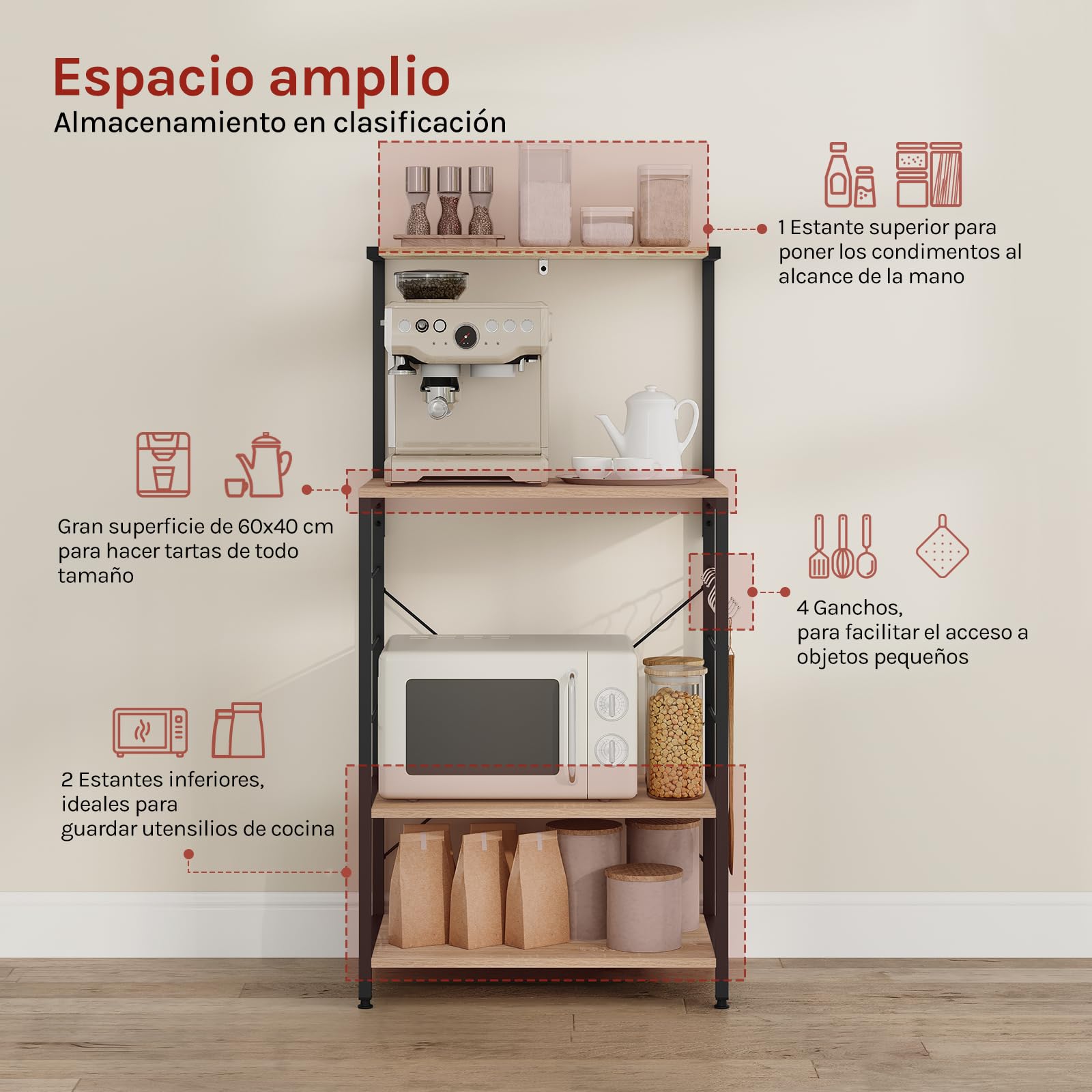 WOLTU Estante de Cocina de Microondas Estante Metálico de Madera y Acero con 3 Niveles 60x40x123cm, Negro + Roble Claro