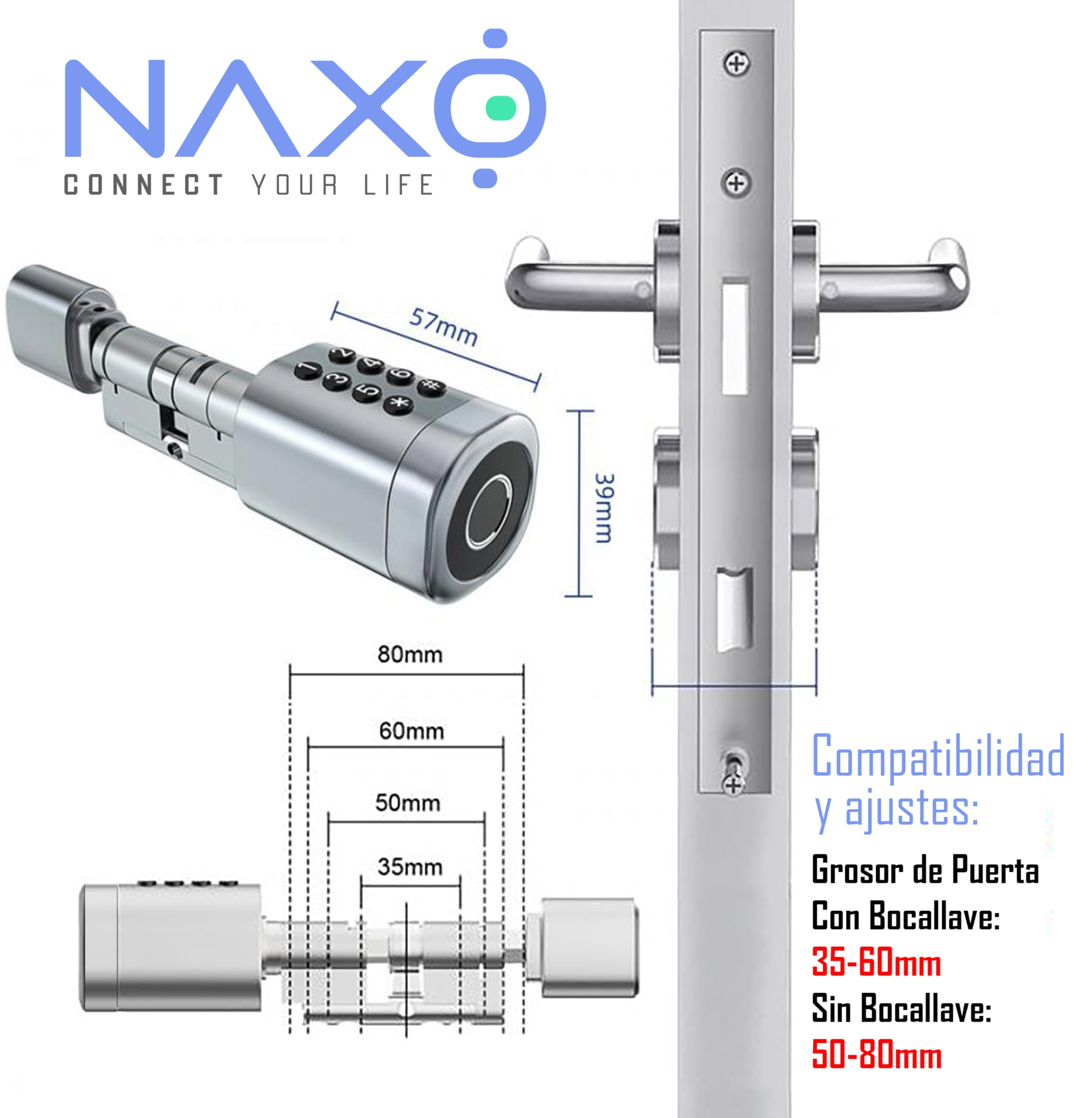 Cerradura Inteligente NAXO ORBE EU para Residencias, Negocios, Renta, Wifi, Bluetooth, Fácil Instalación, Soporte 24/7, Contraseña PIN, Tarjeta Proximidad RFID, App Android iOS