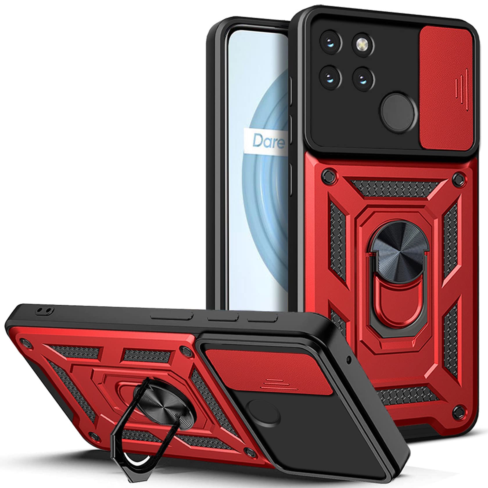 HAOYE Cover per Realme C21Y (C21-Y) / Realme C25Y con Girevole Anello, Custodia con Copertura della Fotocamera Scorrevole, Silicone TPU e PC Protettiva Bumper. Blu