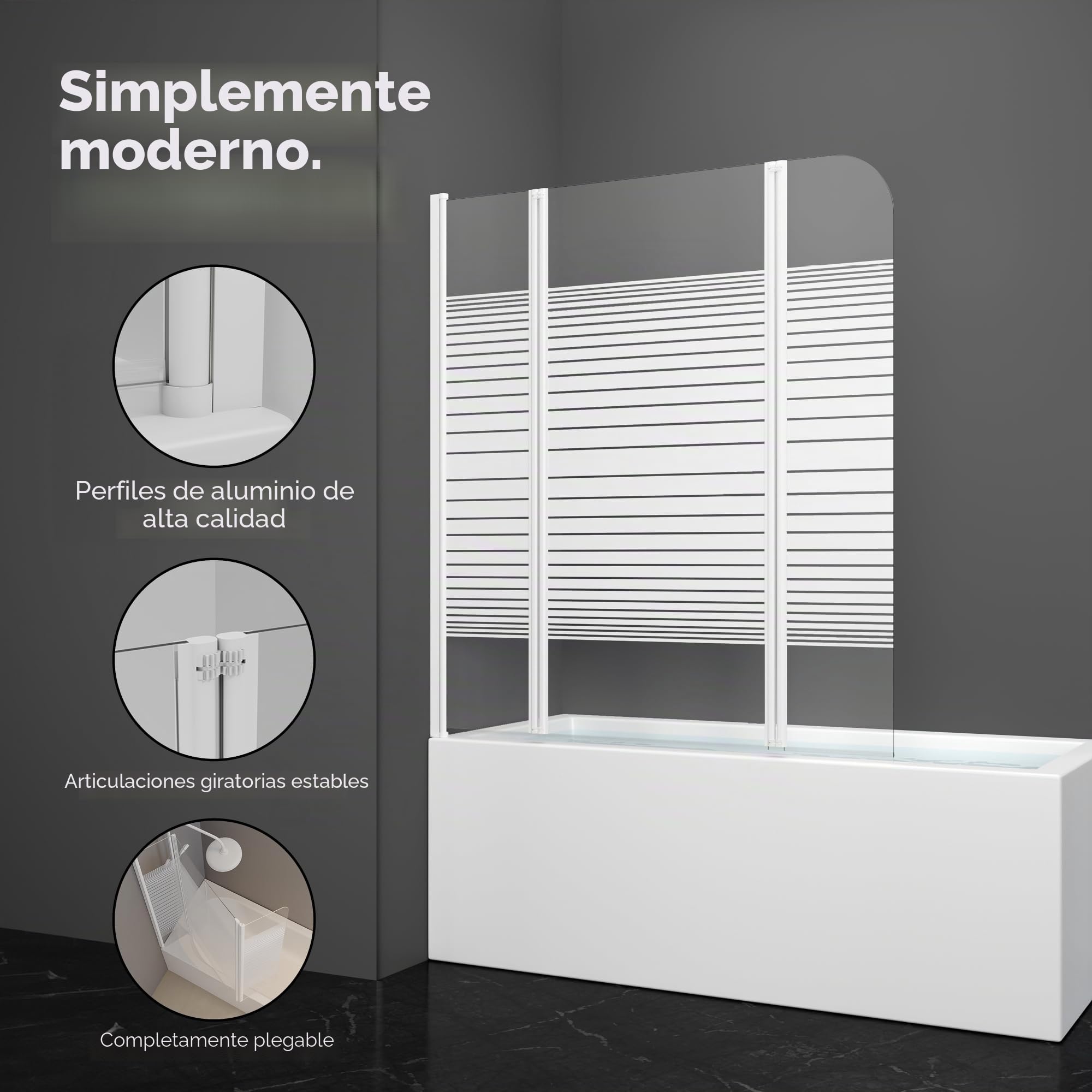 MARWELL White Lines - Mampara de ducha para bañera (125 x 140 cm, 3 piezas, plegable, color blanco mate), mampara de ducha de vidrio templado de seguridad de 4 mm de grosor