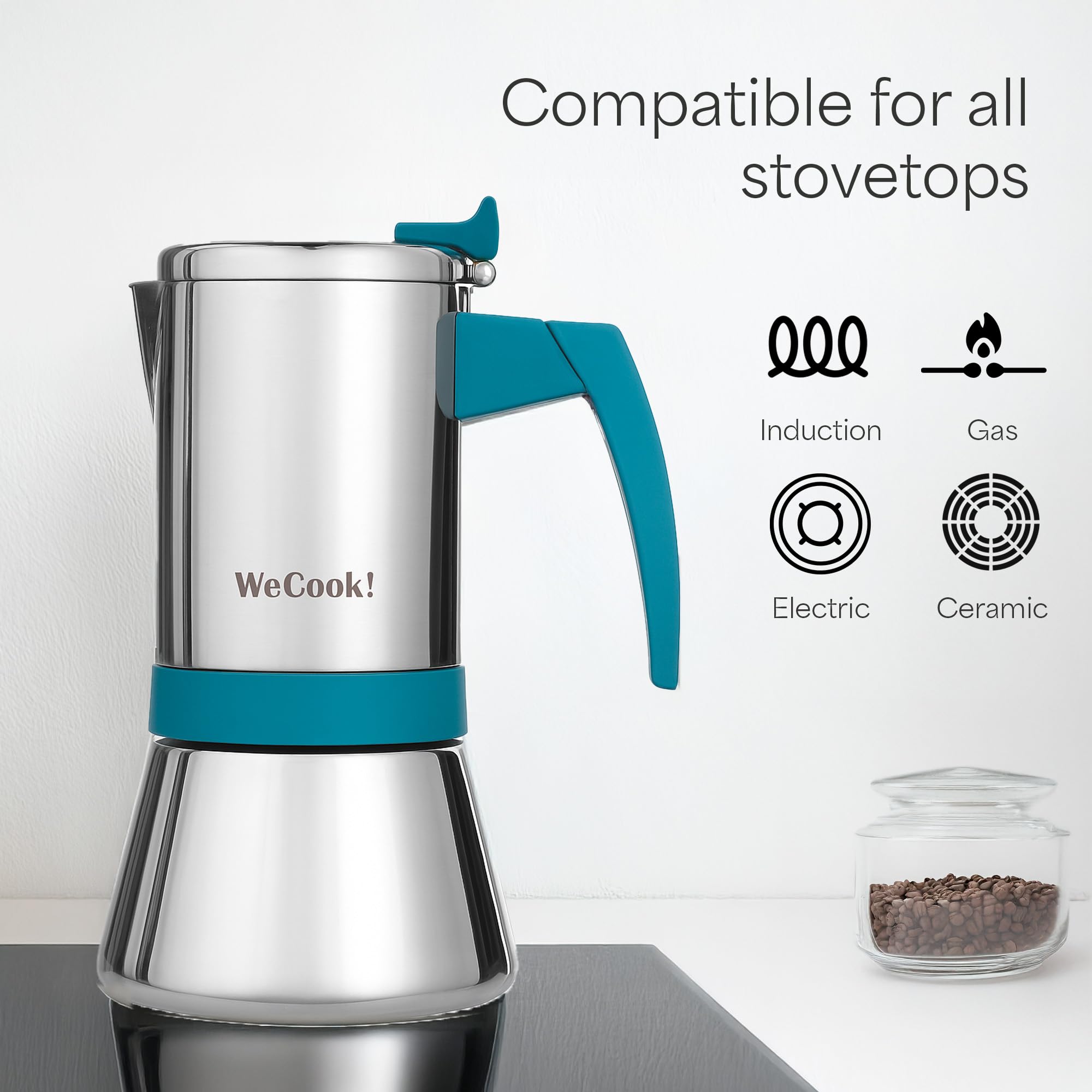 WECOOK! Cafetière italienne en acier inoxydable 18/10 pour induction 9 tasses – espresso/moka – poignée Soft-Touch en bakélite – soupape de sécurité en nickel – cuillère doseuse incluse