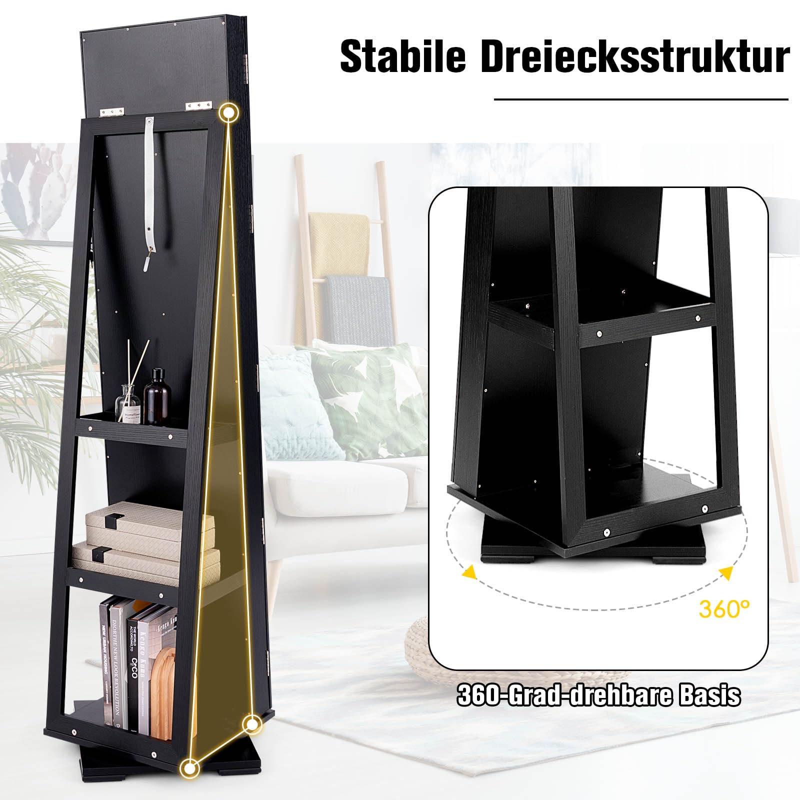 RELAX4LIFE 3-in-1 Schmuckschrank drehbar, mit Ganzkörperspiegel & eingebautem kleinen Spiegel, Spiegelschrank & Schmuckregal, Schrank für Schmuckaufbewahrung, abschließbar (Schwarz)
