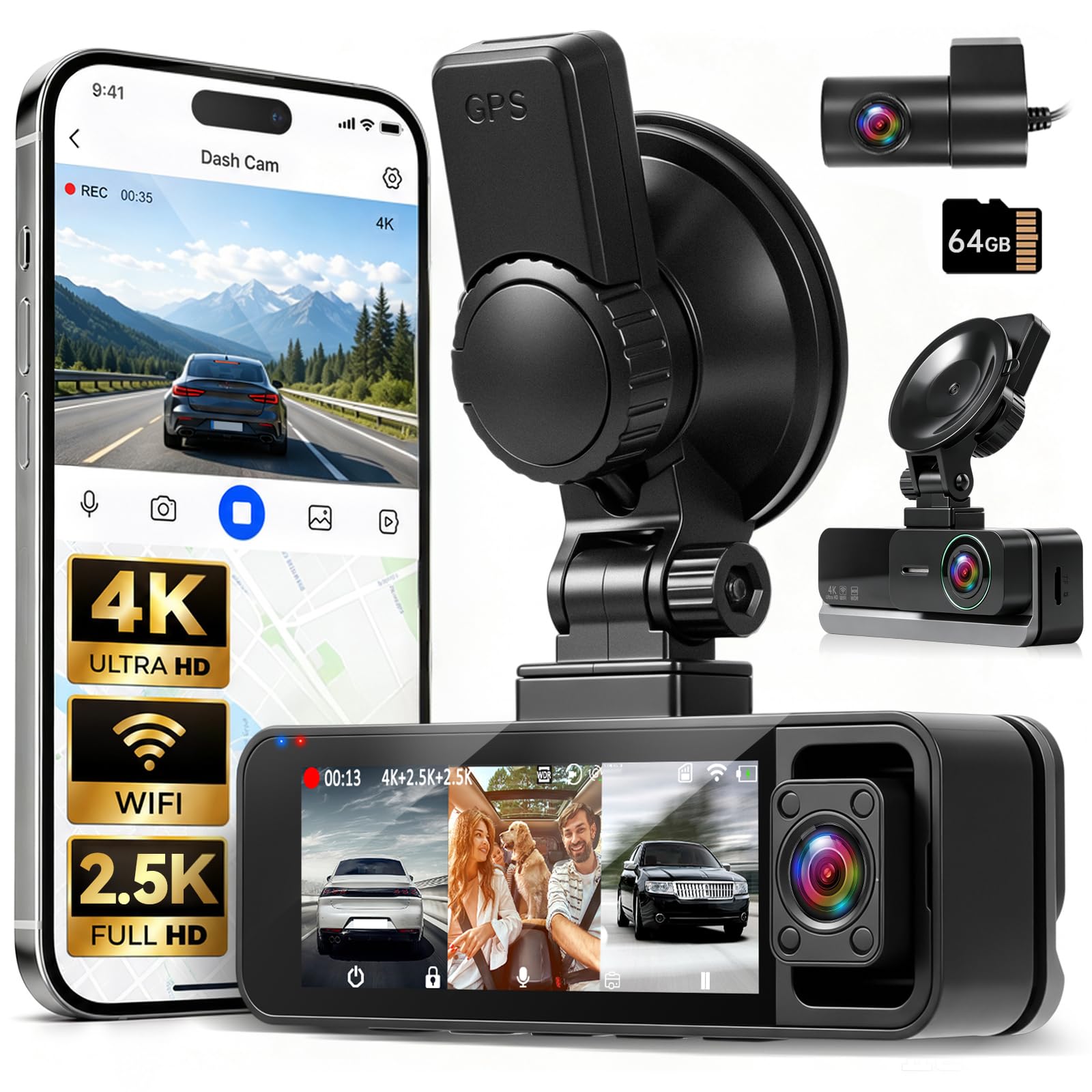 NHOPEEW Dash Cam Wi-Fi a 3 canali 4K+2,5K con Telecamere a 360°