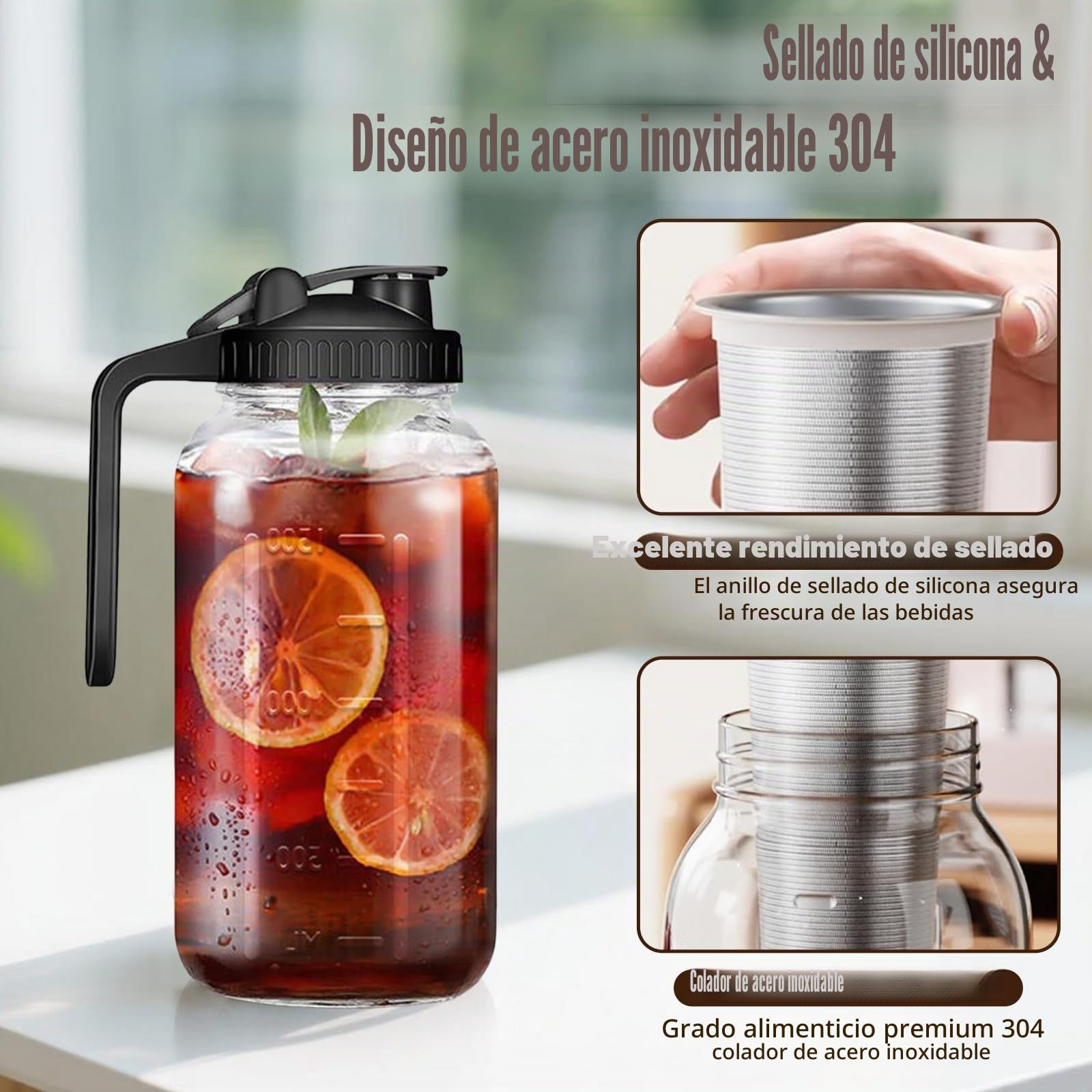 Cafetera Cold Brew de 2 l/64oz,botella de café frío,con asa y filtro de acero inoxidable,Cafetera de cristal,para café y té en frío