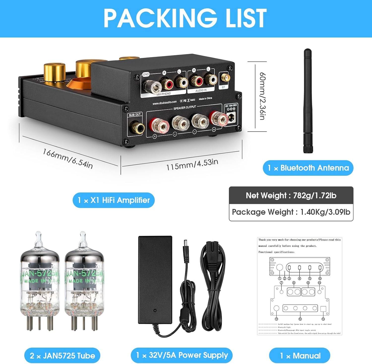 Douk Audio X1 amplificatore a valvole, amplificatore HiFi Bluetooth 5.0, amplificatore audio stereo a valvole GE5654, amplificatore phono MM, 160Wx2 chip TDA7498E, manopola di controllo acuti e bassi