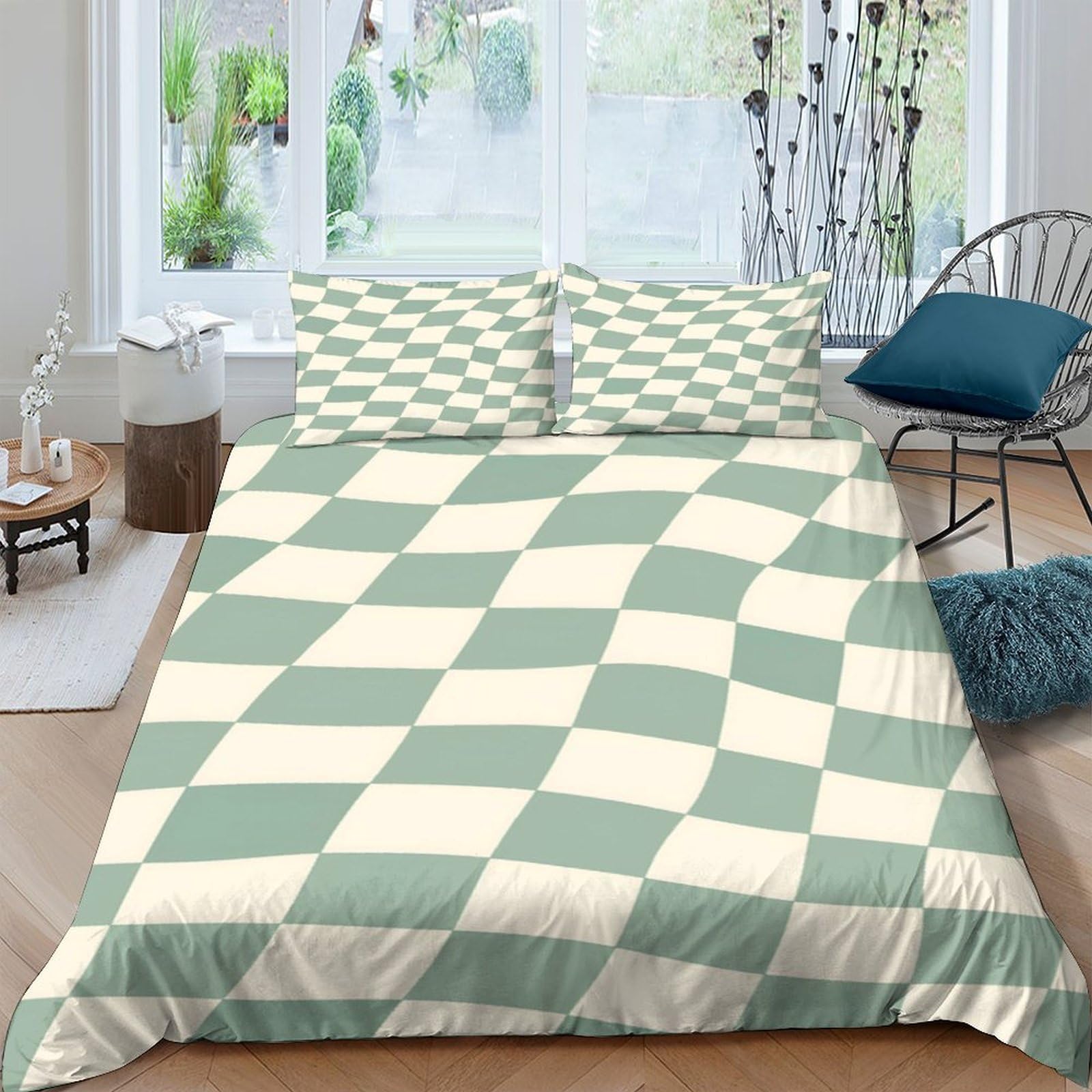 TUFRTGYHN 3D Printed Green Checkerboard Duvet Cover Microfiber Bedding Set with 2 Pillowcases, Soft Breathable, Bedroom Decor Single（135x200cm）