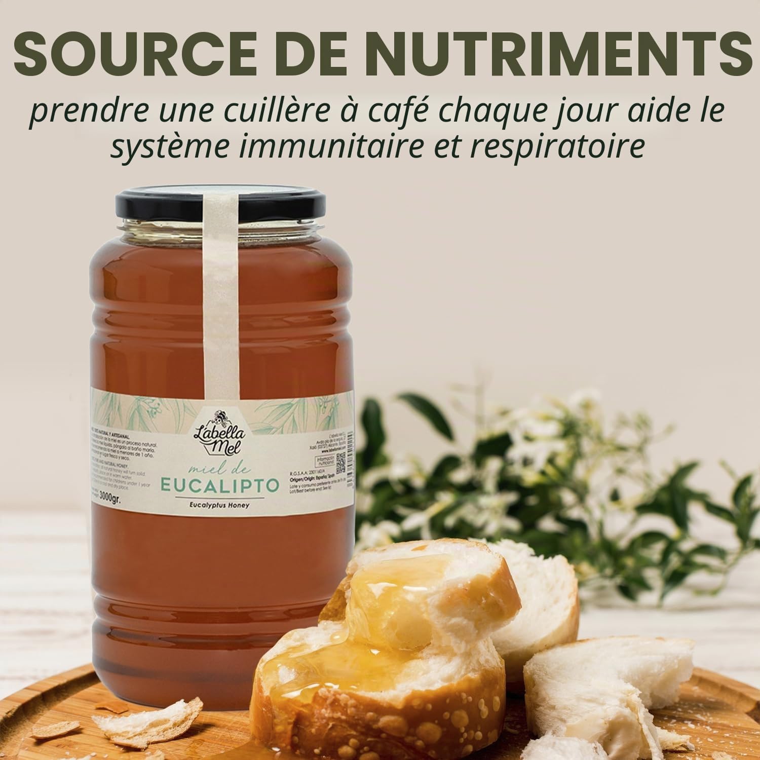 L'Abella Mel | Miel d'Eucalyptus Pur 100% Naturel | Miel d'Abeille Sans Additifs ni Sirops Ajoutés | Apiculture Familiale Depuis 4 Générations | Pot 3 kg