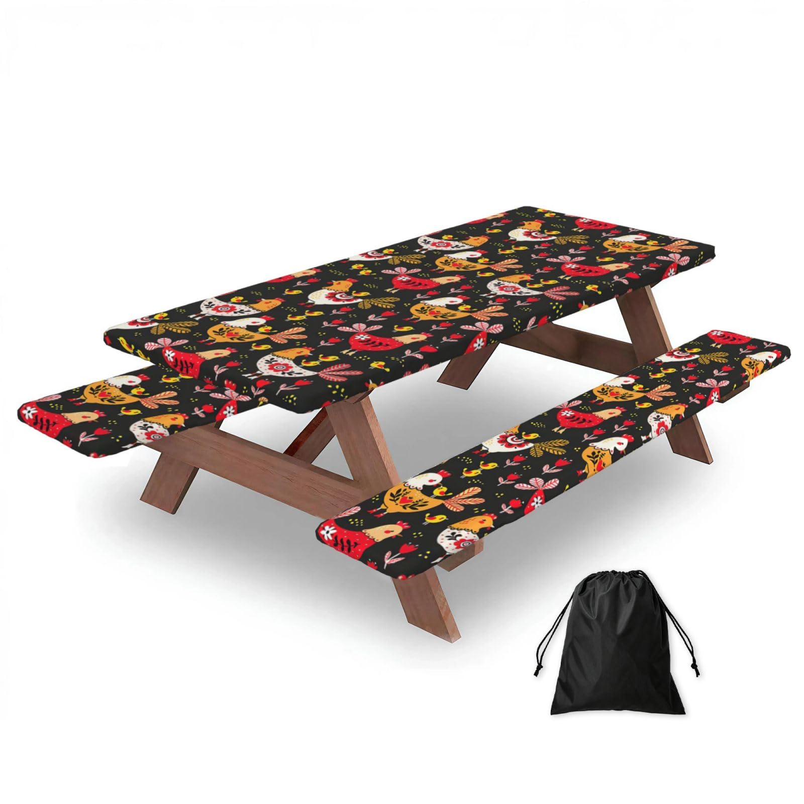 Zyjhyy Black Cute Rooster Chickens Print 3 Pack Wipeable Picnic Bench Cover And Table Cover Lightweight Table Cloth For Camping Outdoor