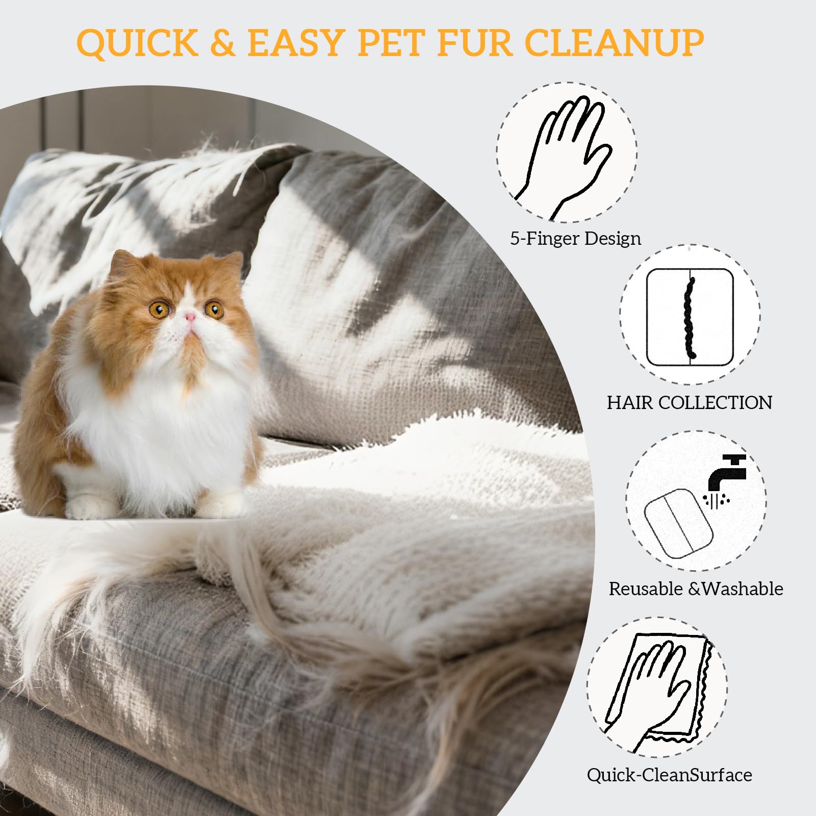 Paquete de 2 guantes electrostáticos reutilizables para depilación de mascotas, removedor de pelo de mascotas lavable de cinco dedos para gatos y perros, guantes de limpieza multisuperficie para