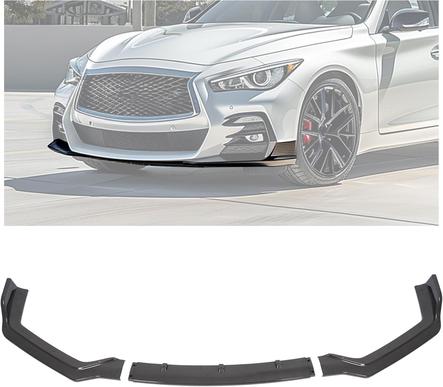 HECASA Front Bumper Lip Spoiler Compatible with 2018-2023 Infiniti Q50 Sport Models, PP Plastic 3PC Style Under Chin Splitter Bumper Valance Diffuser Protector Air Dams - Carbon Fiber Color