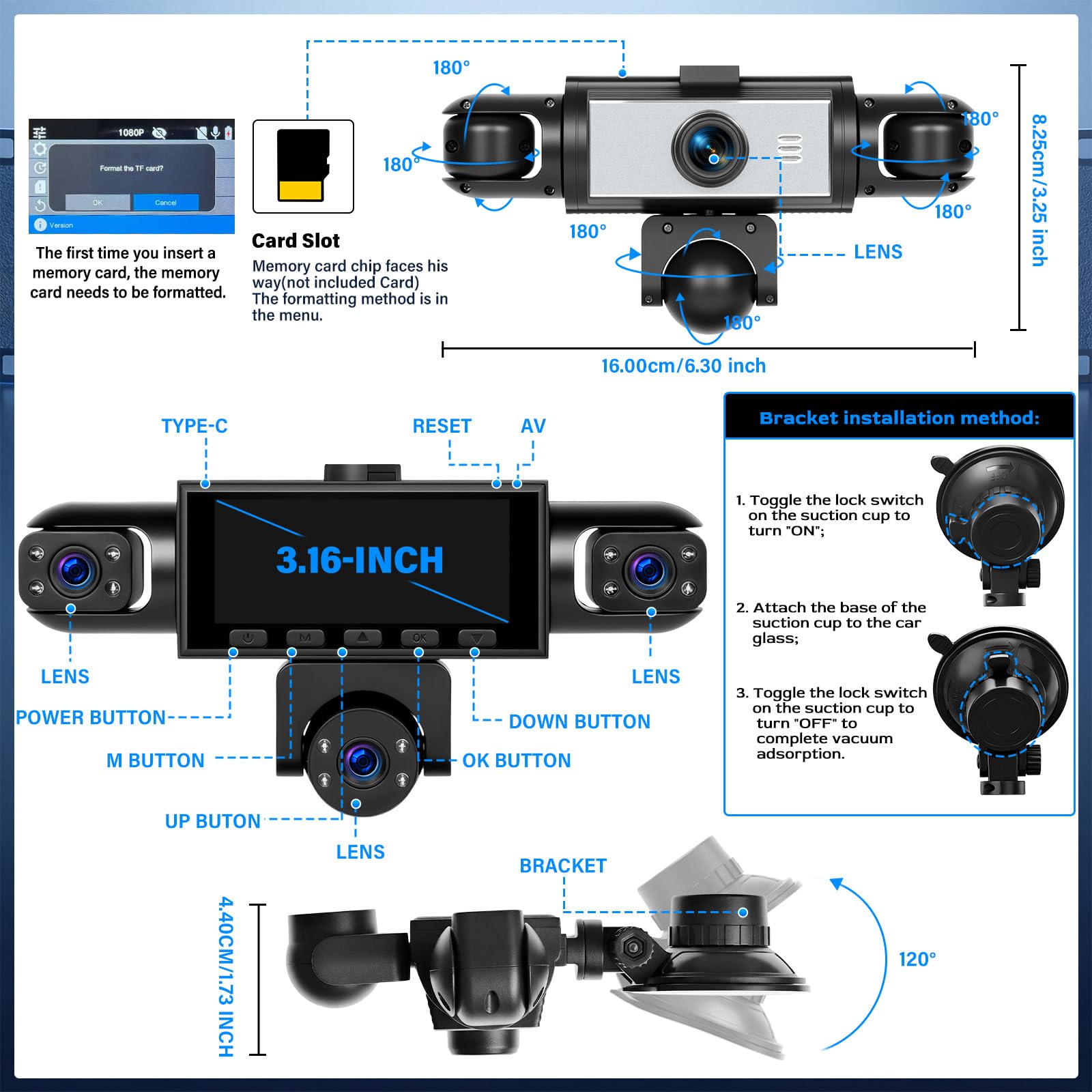 Dash Cam Auto 5 Canali 1080P Fronte Retro e Interno, Schermo IPS da 3,16" | Telecamera da Cruscotto Auto 360 Gradi, Monitoraggio Parcheggio 24 Ore, G-Sensor, Registrazione in Loop, Facile Installazione