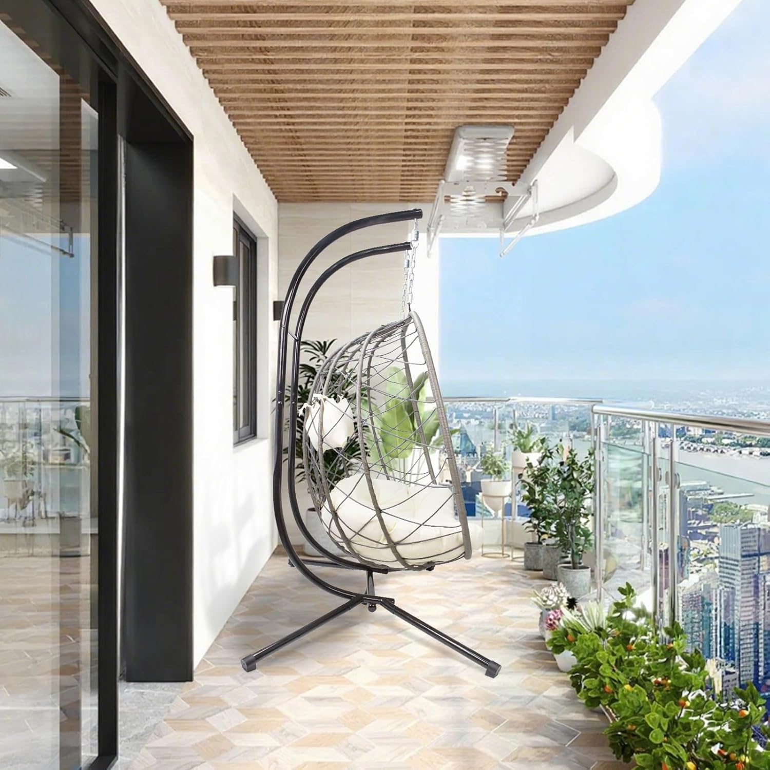 Egg Swing Chair with Stand, Outdoor Patio 2 Person Hanging Wicker Hammock Chairs with Cushion for Indoor Bedroom, Lawn, Garden