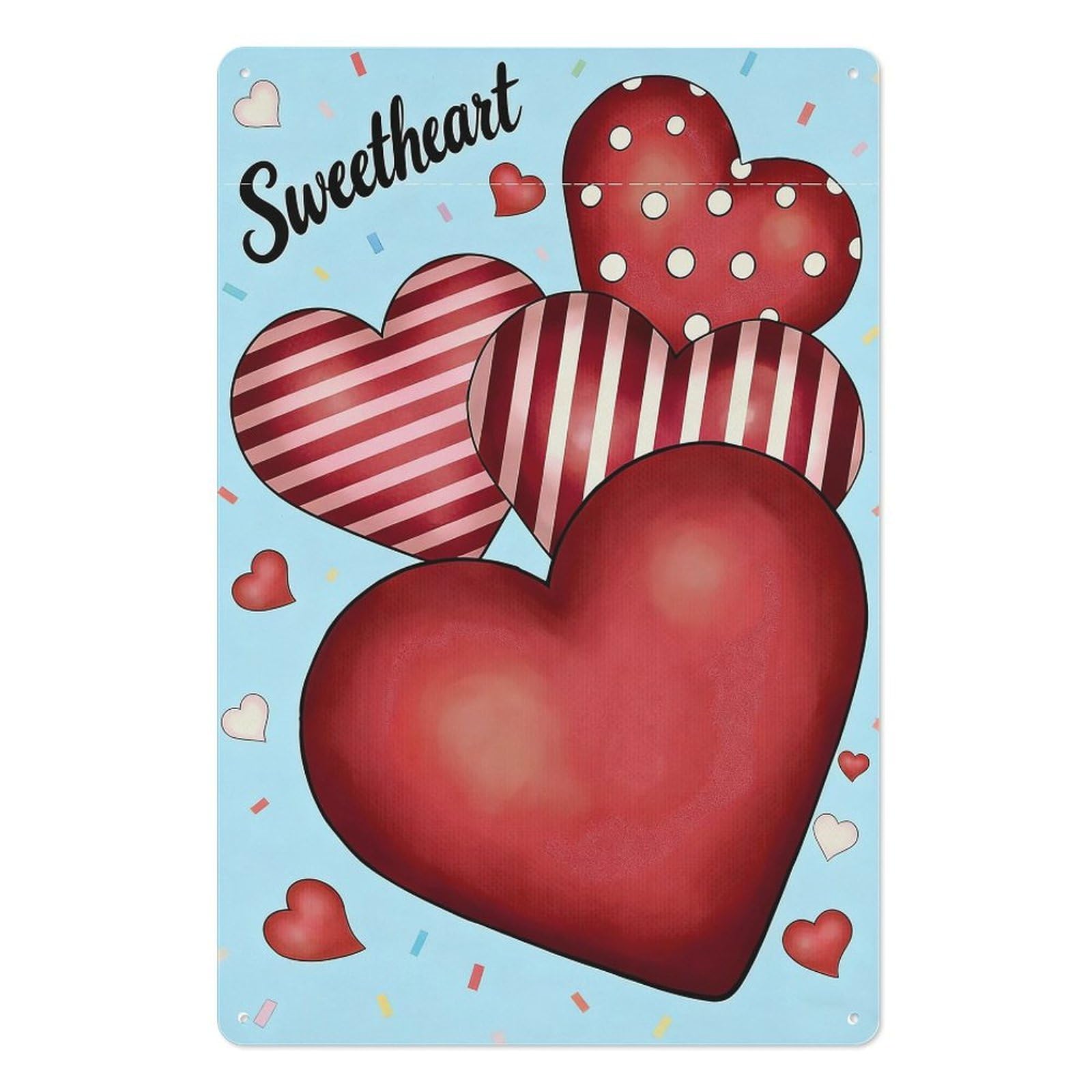 peiyeety Sweetheart Metal Tin Sign 8x12 Inch – Red Hearts & Blue Confetti Wall Decor Plaque for Home, Entryway, Celebration