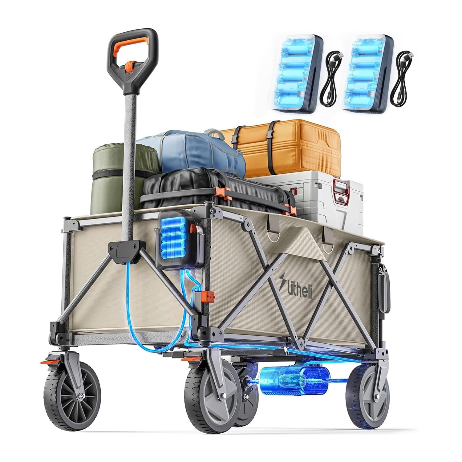 Litheli Carrello Elettrico, Carrello Pieghevole con Ruote Portatutto da 20cm, Capacità 200L, Carico di 60kg, 2 Freni, Adatto per Campeggio, Giardino, Spesa (2 Batterie)