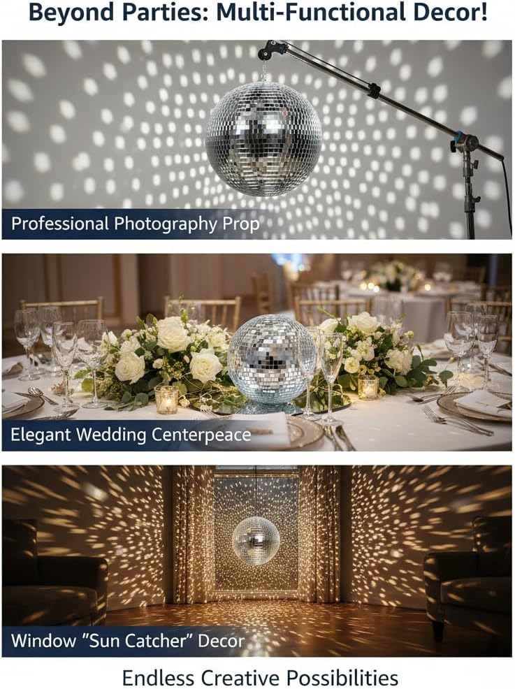 12 Inch Disco Ball - Large Silver Mirror Ball for Party Decorations, Retro 70s Disco Theme Decor, Reflective Hanging Glass Ball for DJ Stage, Weddings, Home Decor & Photography Props