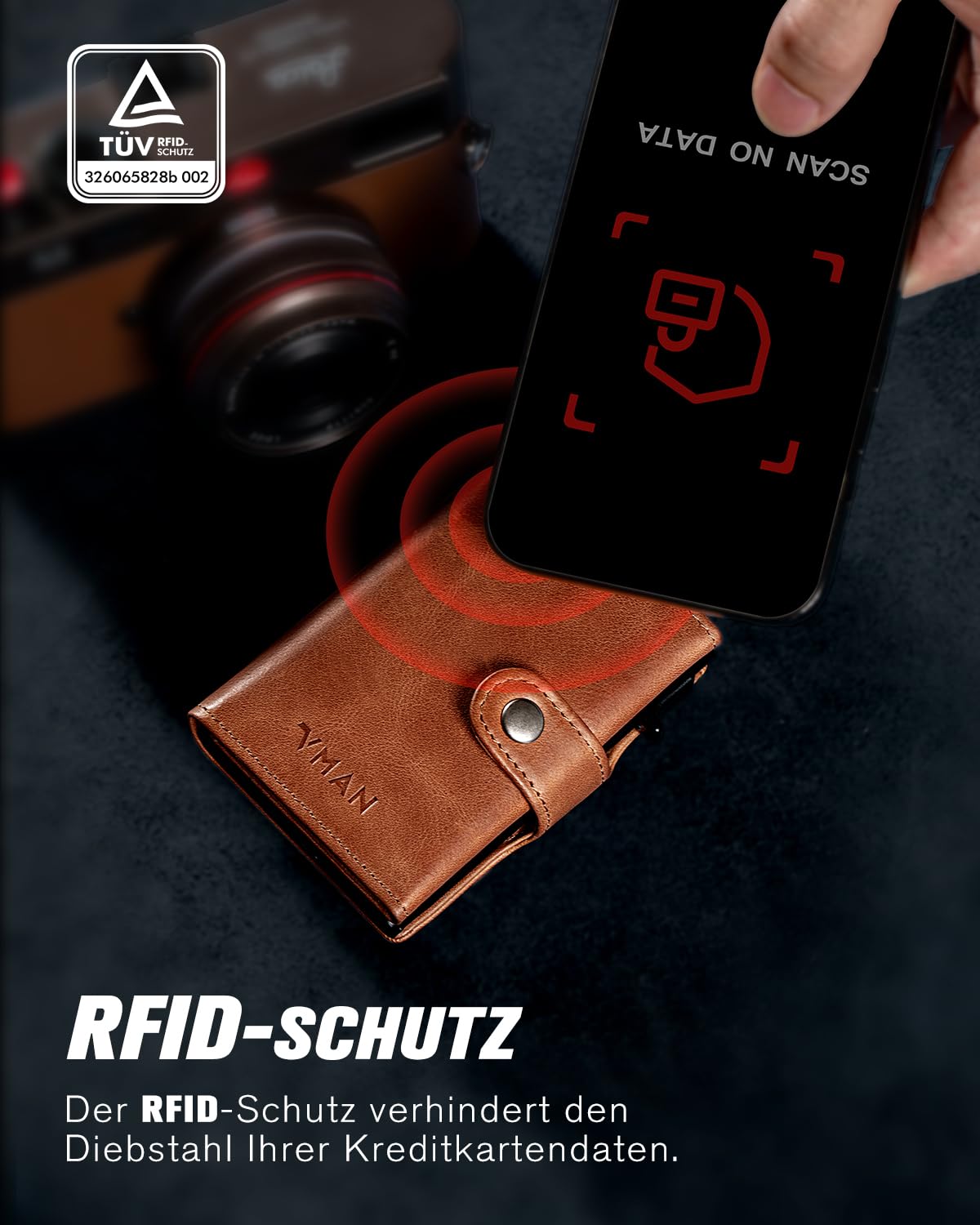 VMAN Geldbörse Herren, Slim Wallet mit Münzfach, RFID Schutz, Premium Leder Portmonee Geldbeutel für 8–11 Karten, Kleines Kartenetui für Alltag & Reise - Braun