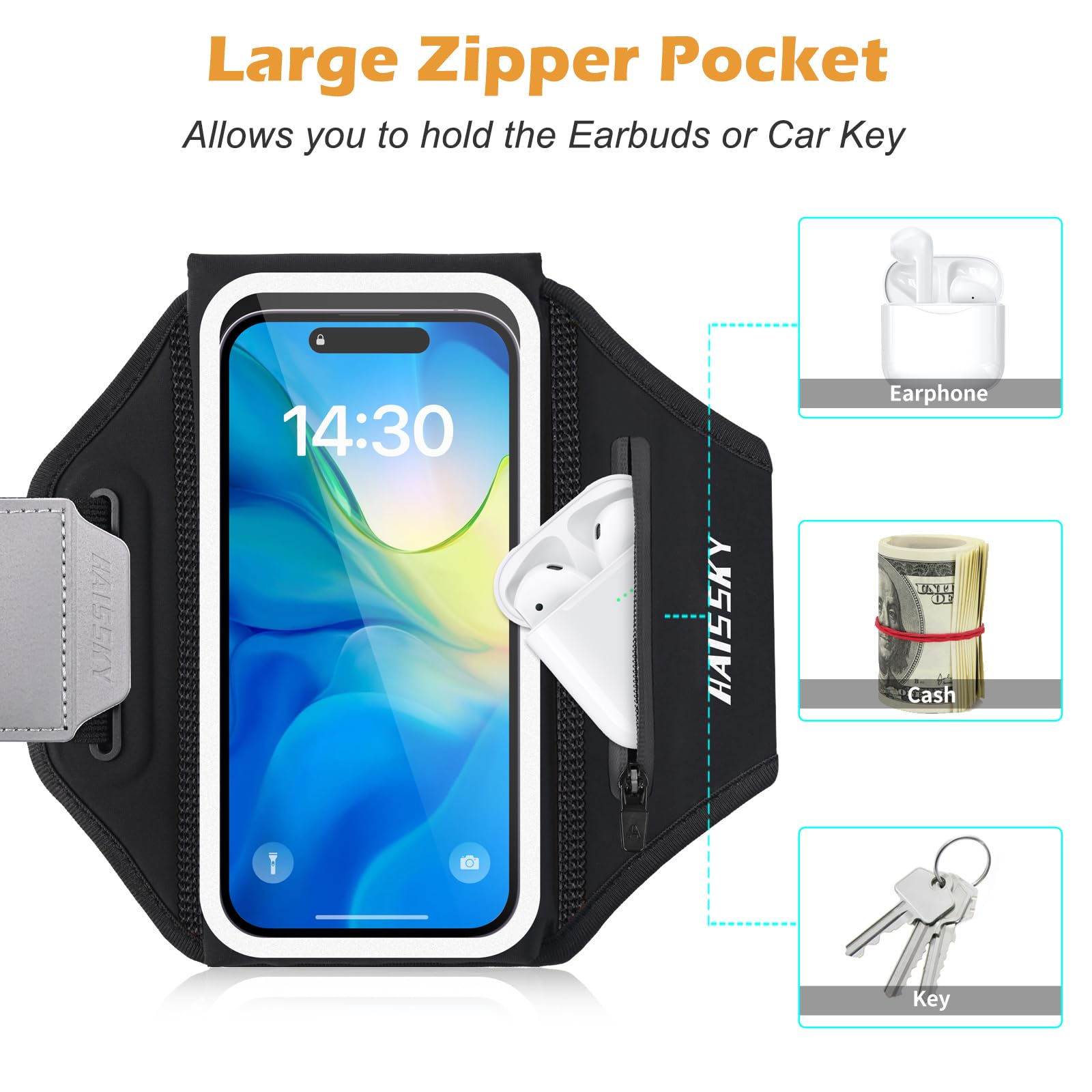 Sportowa opaska do biegania z torbą na słuchawki, regulowany uchwyt na telefon komórkowy do biegania do iPhone'a 17 Pro MAX 16 Pro 15 14 13 Plus, Galaxy S25 Ultra S24 S23 S22, do 6,9"