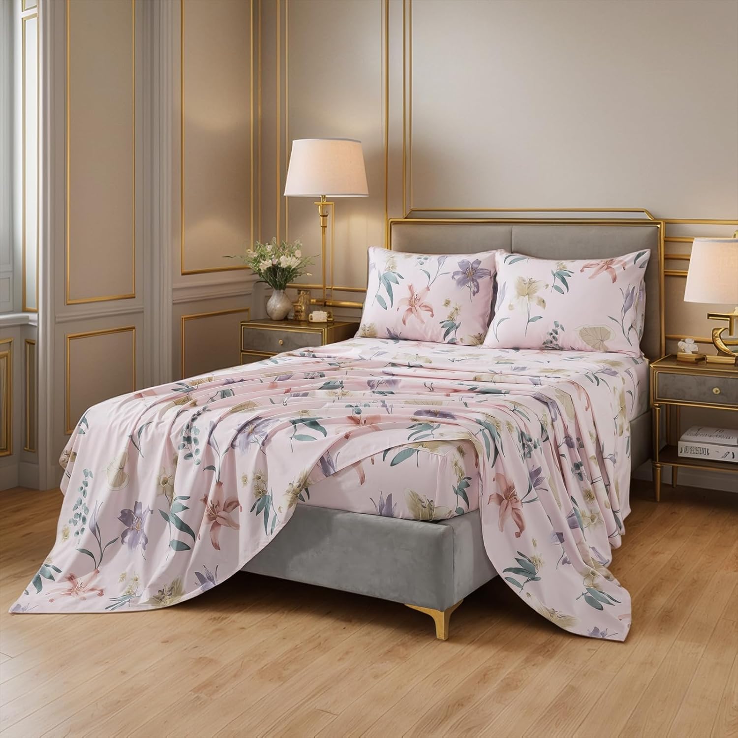 Lemfux King Bed Sheet Set 4 Piece Cotton Sheets King Leaf and Floral Print Farmhouse Sheet Set, Shabby Botanical Pattern Pink 1 Flat Sheet 110"x102", 1 Fitted Sheet 78"x80", 2 Pillowcases 20"x36"