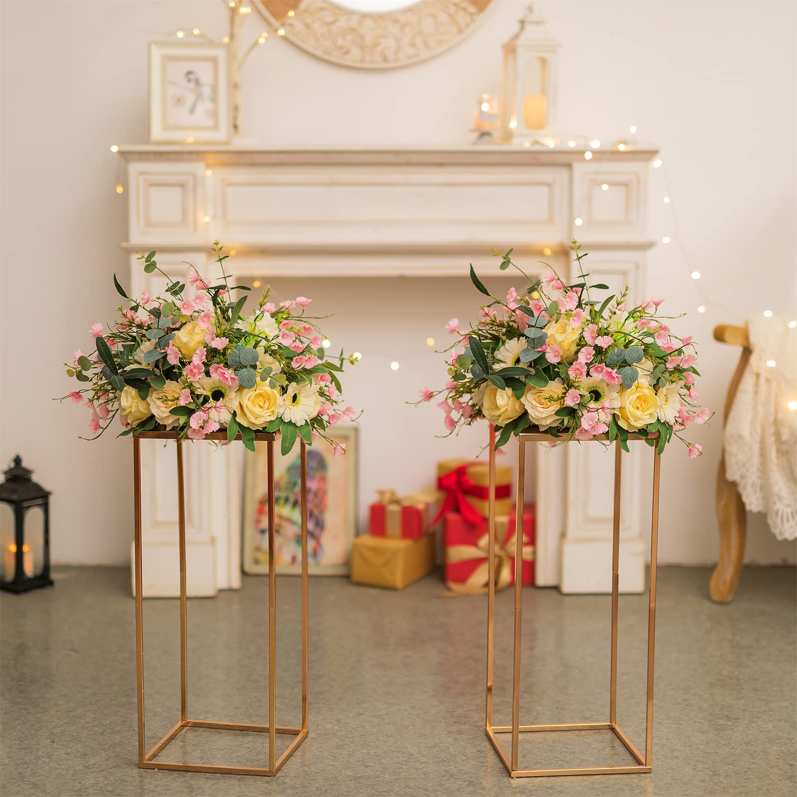 Sziqiqi 60cm High Vases Wedding Centerpieces for Table - 2 Pieces Metal Column Geometric Flower Stand Gold Flower Vase Display Rack Decorations for T-stage Party Event Birthday Baby Shower Reception