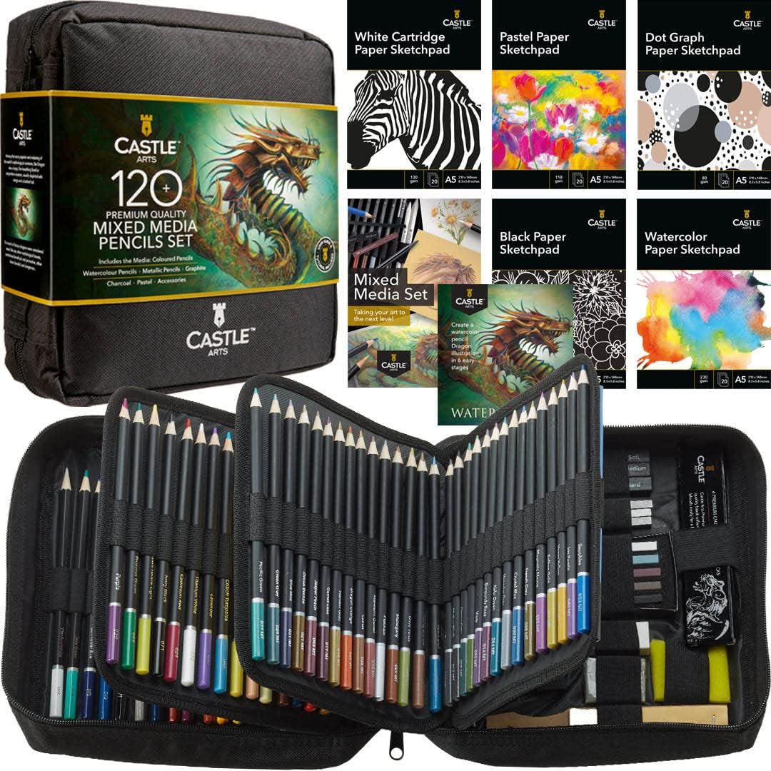 Mixed Media Set | 120+ Art Pencil Collection - Coloured, Watercolour, Pastel, Metallic, Graphite, Charcoal | Creative Freedom for Adult Artists, Colourists | in Neat Travel Case