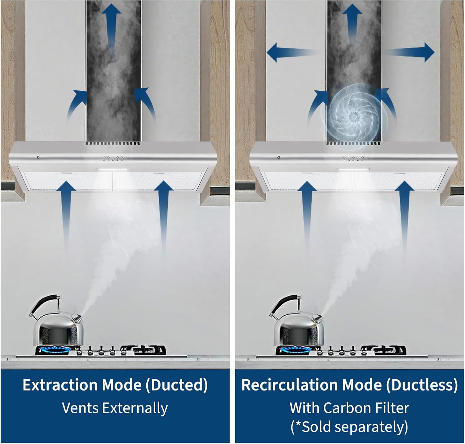 Under Cabinet Range Hood 30 Inch, 100 CFM Stainless Steel Ducted/Ductless Kitchen Exhaust Vent Hood with 3 Speeds Setting & Led Lights, Low Noise & Easy Installation