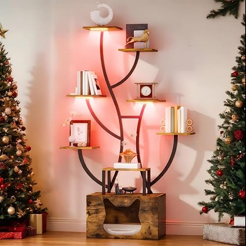 YITAHOME Estantería alta con luz LED, estantería de árbol de diseño artístico con caja de arena para gatos, estantes únicos de 8 niveles para