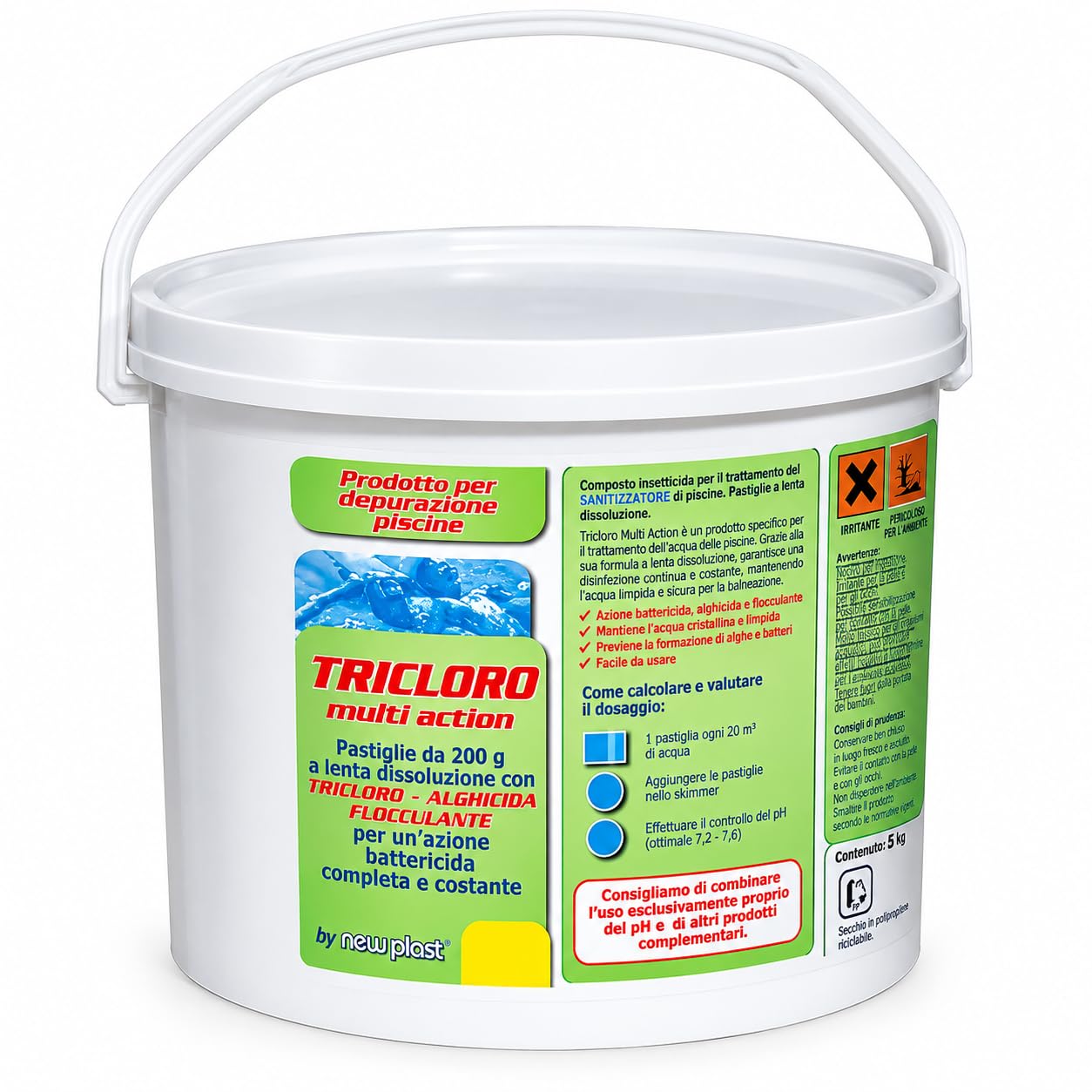 NewPlast 0961 Tricloro Piscina 5 Azioni, Pastiglie da 200 g, 5 kg