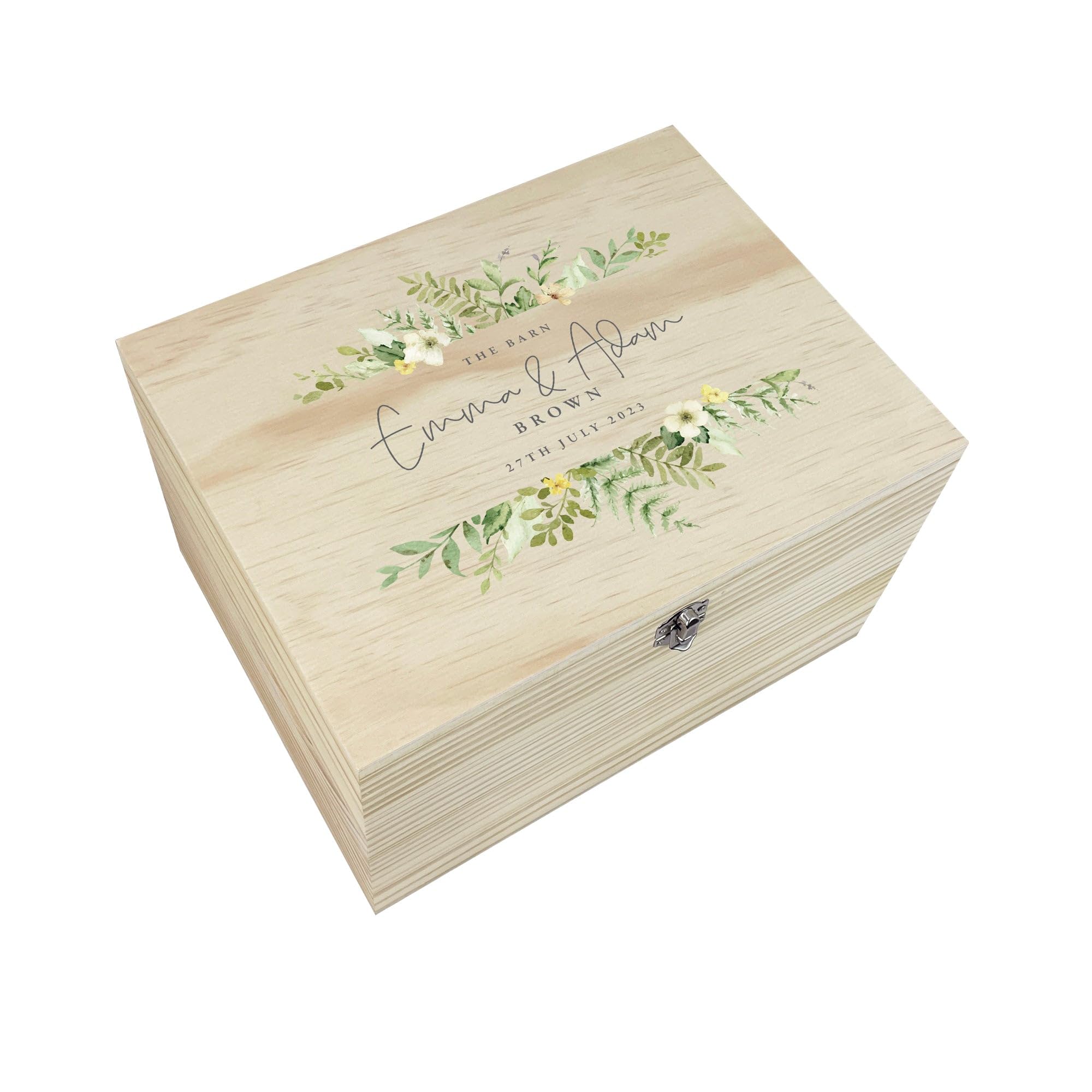 The Lovely Keepsake Company Brown Personalised Wooden Floral Wedding Keepsake Memory Box | Custom Marriage Gift | Personalised Venue, Names, Surname & Date | Perfect Wedding Day Gift | Green And Yellow Flowers | W30 X D23 X H18cm