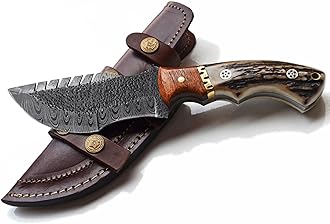 Damascus Hunting Knife with Stag Antler Handle and Leather Sheath (Damascus Tracker 2, 4.5 Inch Blade)