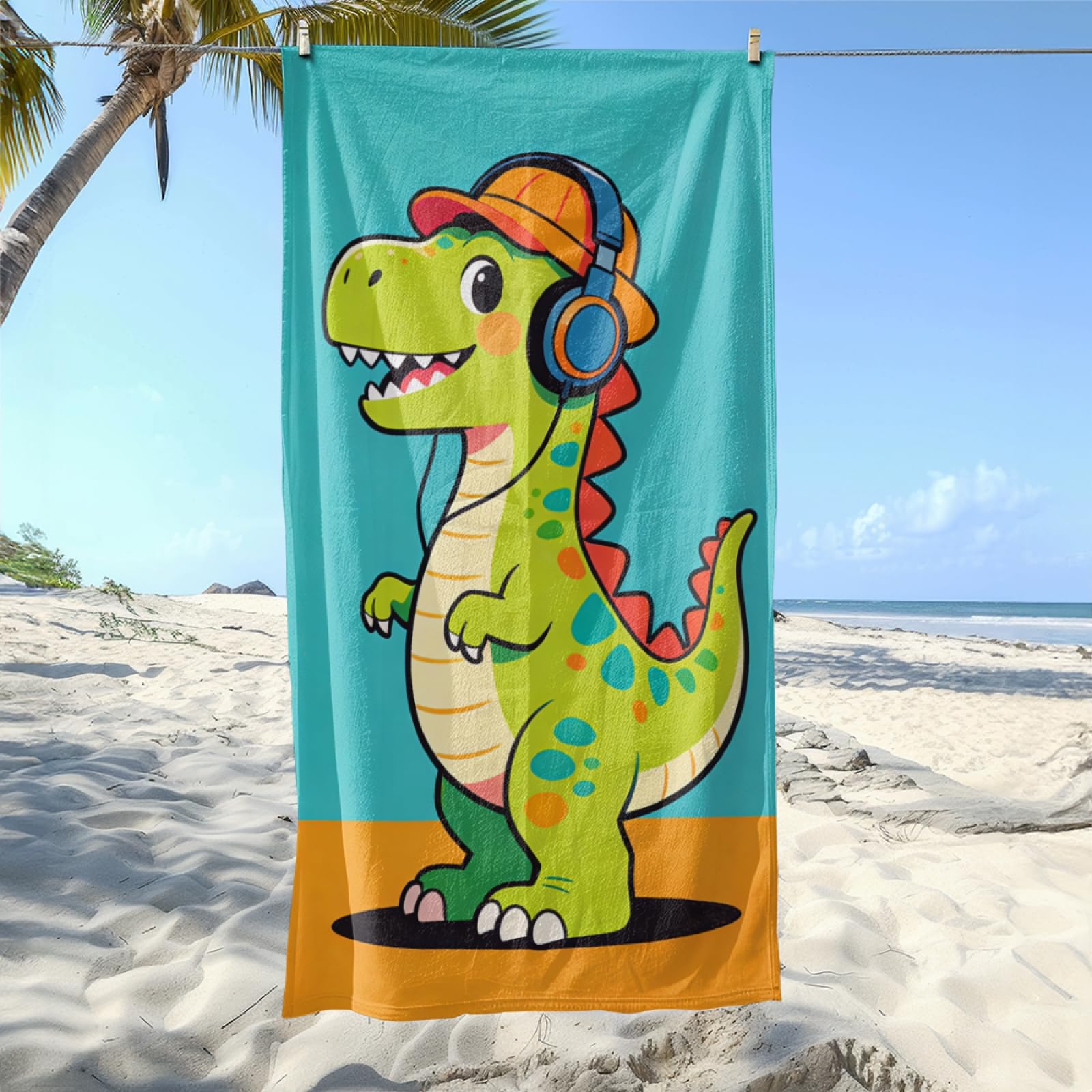 Fouta PlageVert Dinosaure Bleu Modèle Surdimensionné avec Diverses Tailles, Respirante et Portable, Parfaite pour Voyages Sorties Piscine et Usage Extérieur Quotidien 90x160 cm