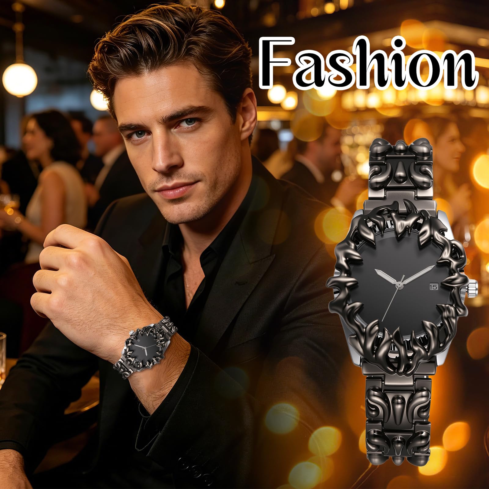 JewelryWe Orologio punk Y2K nero: orologio da polso analogico da uomo al quarzo in lega con lancette luminose, datario, cinturino rimovibile, quadrante scuro, senza segni, stile casual, gotico