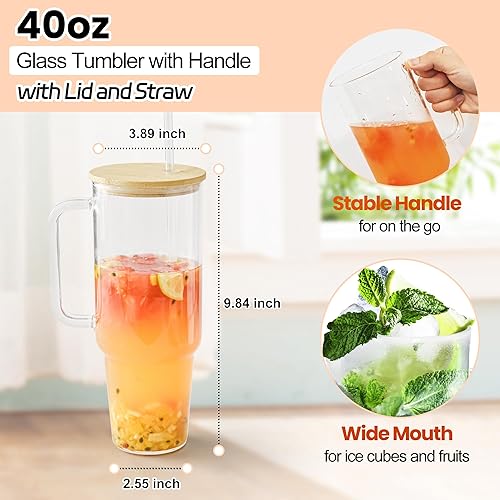 Miniatura 3 de Vasos de vidrio con tapas y pajillas, vaso de vidrio de 40 onzas con popote y tapa, paquete de 2 vasos de vidrio con asa boca ancha, tazas de café