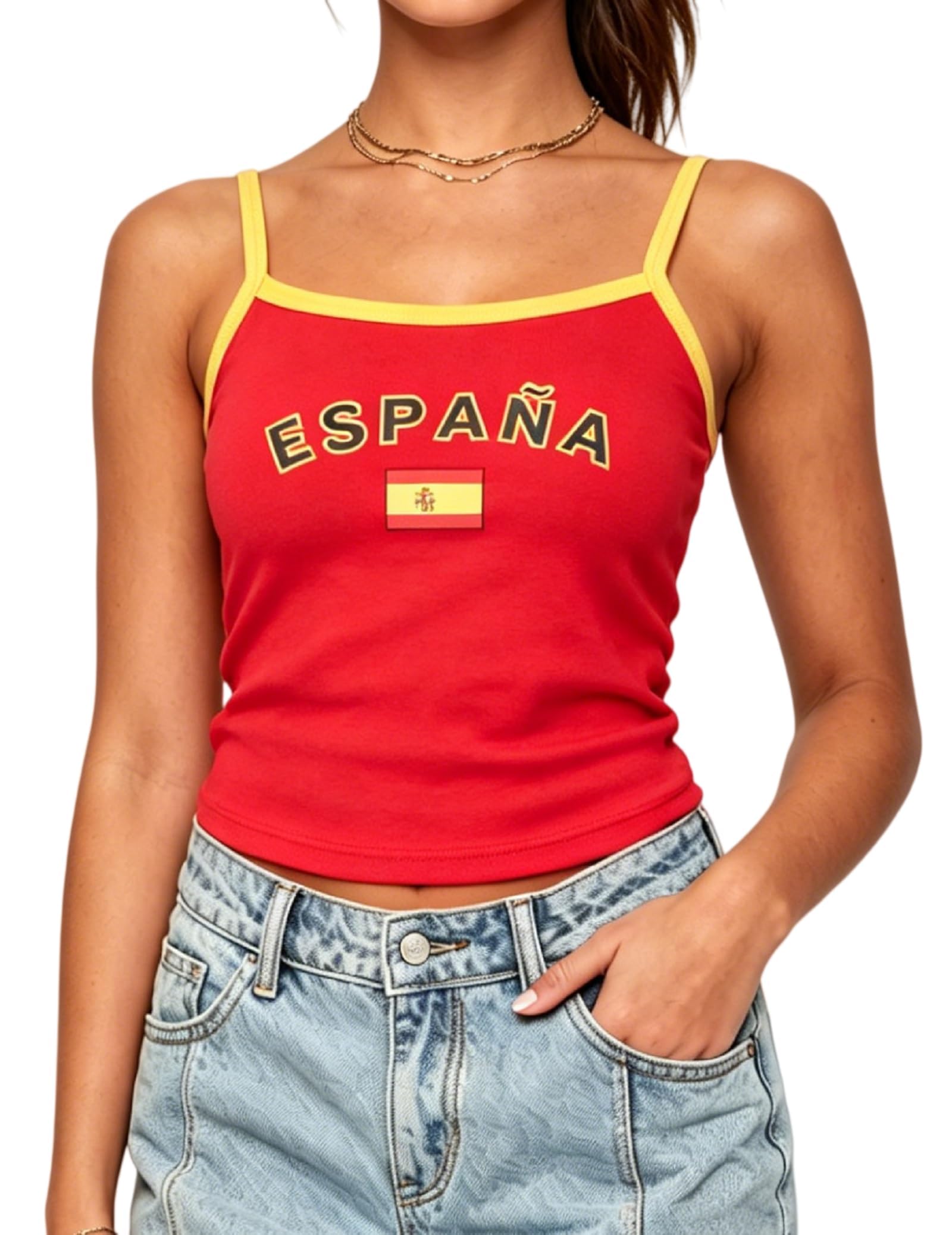 Barbotimer Y2k Spaghetti Strap Tank Top England Brazil Flag Square Neck Crop Cami Top Italy Mexico Argentina Espana Jersey Top (Espana, L)