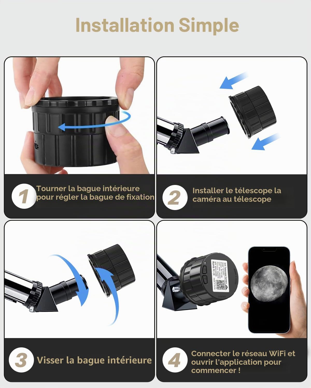 EVISTR Caméra d'oculaire de télescope électronique WiFi, oculaire de télescope numérique sans Fil HD 4 Millions de Pixels, caméra Portable d'observation des Oiseaux, oculaire de Microscope pour Lunet