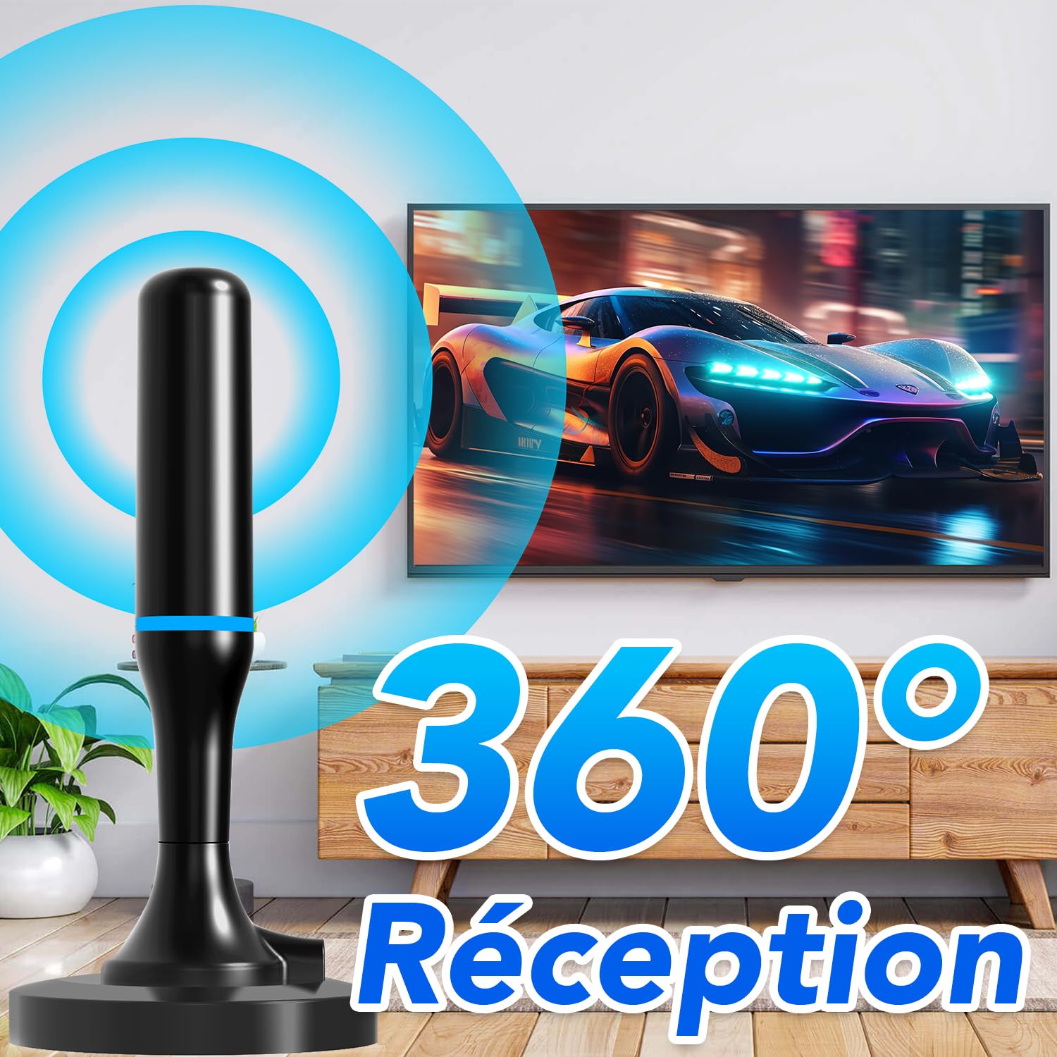 Antenne TV intérieur, Antenne TV Intérieur Puissante TNT HD, Antenne TNT Intérieur Amplifiée pour Téléviseur Intelligent, Antennes TNT 4K 1080P pour Chaînes Locales, Base Magnétique, Câble 3m (Blue) - 3