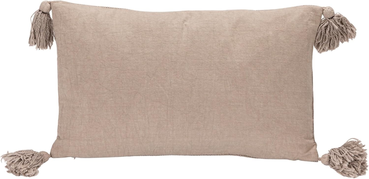 Creative Co-Op Stonewashed Cotton Slub Lumbar Pillow with Embroidered Flowers and Tassels, Taupe Beige