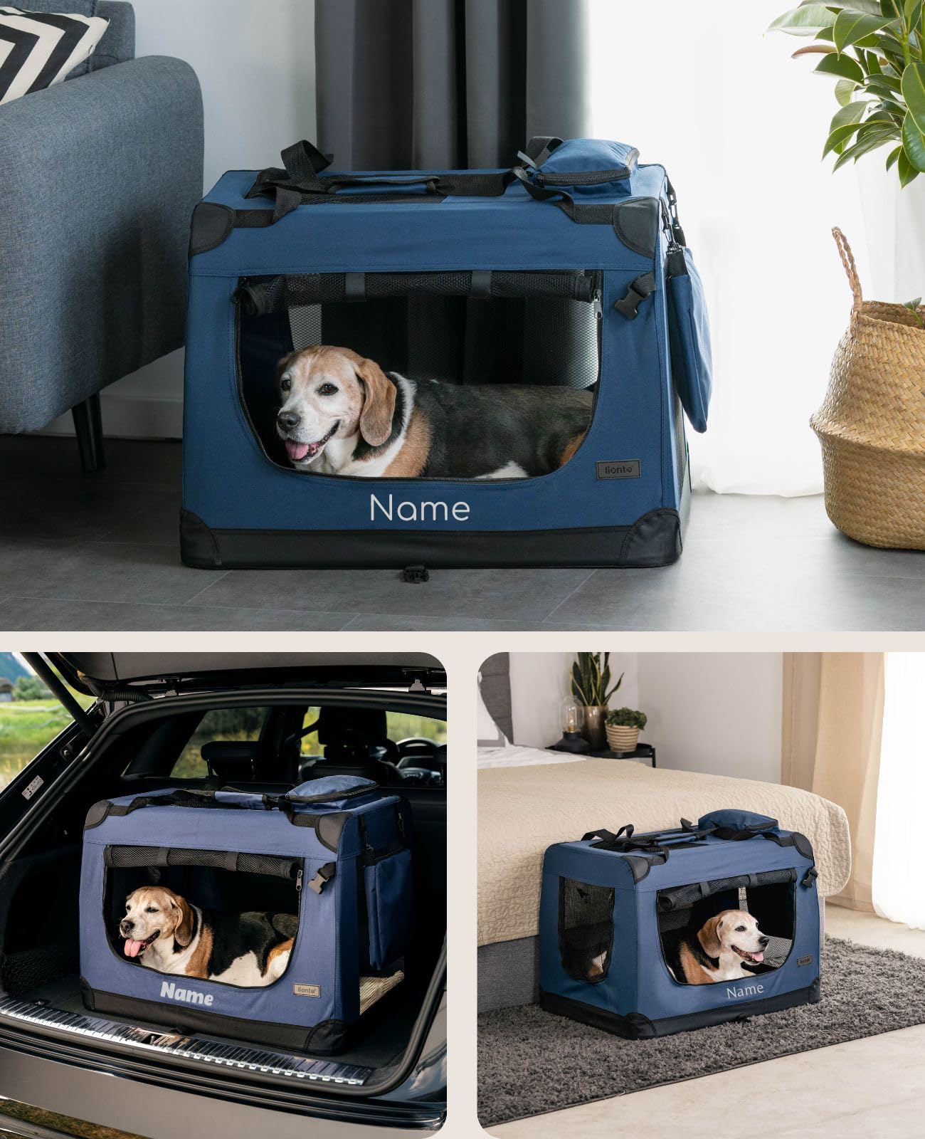 lionto Transportín para Perros Bolsa transportín para Perros Transportín Plegable Autobox Bolsa para Animales pequeños, (L) 70x52x50 cm Azul (con Nombre Impreso)
