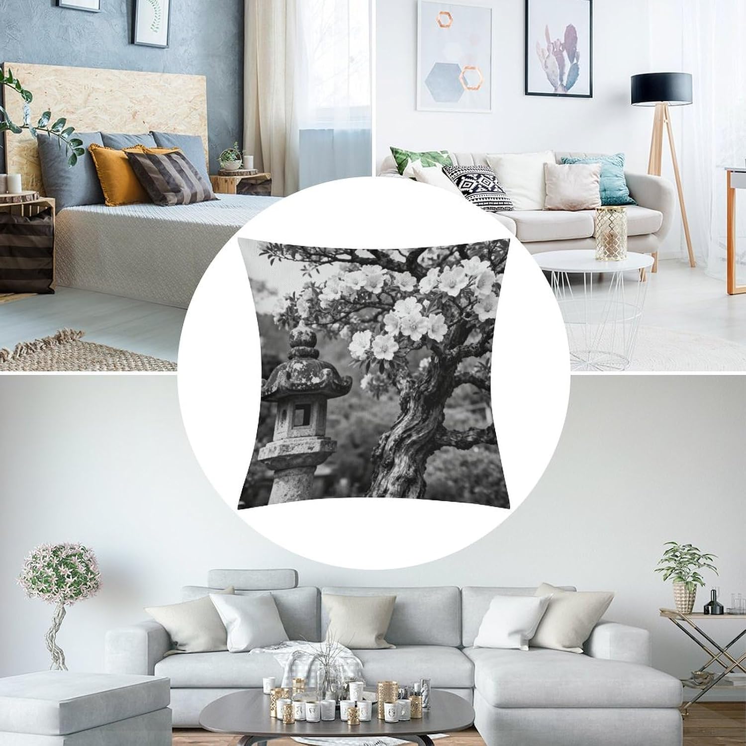 Black White Tree Flower Pillow Protectors Cute Waterproof Pillow Cover Soft Skin-Friendly Cushion Case Decorative Square Cushion Cover for Couch Sofa Bed Living Room Bedroom