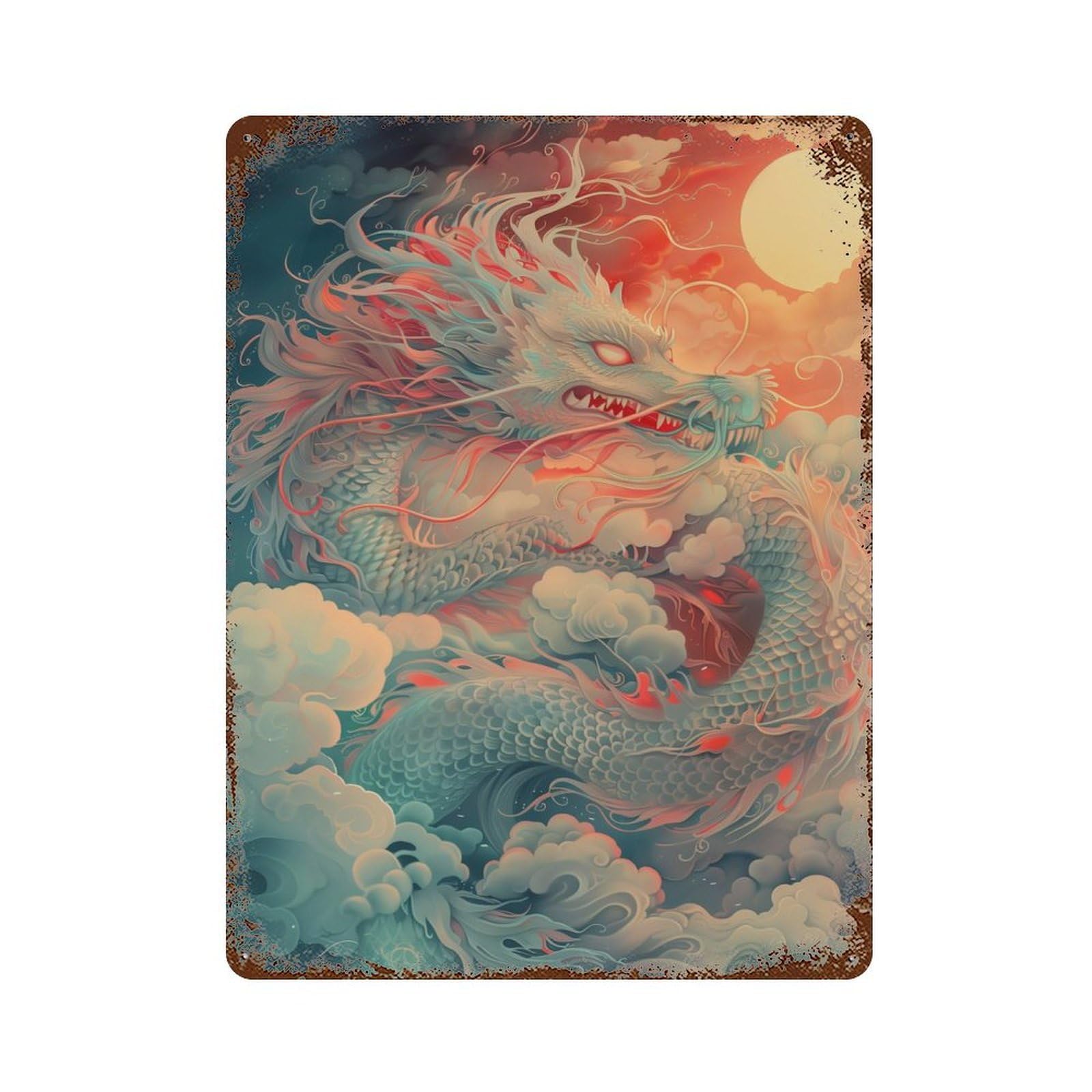 Retro Metal Sign with Kanagawa Dragon in Clouds Design 15.7"x11.8", for Shed, Workshop And Garage Wall Decor, Industrial Home Decor