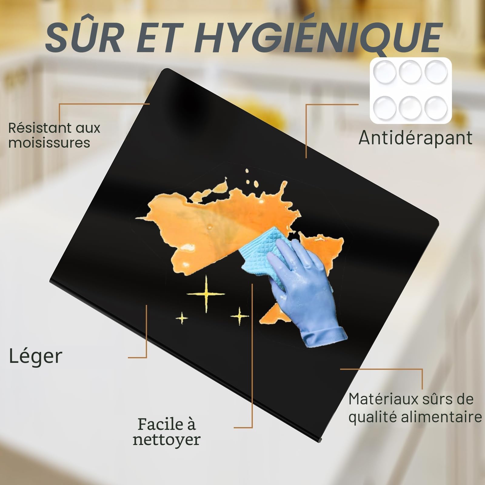 Planche à découper acrylique JJL avec lèvre de comptoir, Noir, 51 x 40 cm - Sans Bisphenol A (BPA), Antidérapante, Hygiénique, Protège vos comptoirs de cuisine, Idéal comme cadeau créatif
