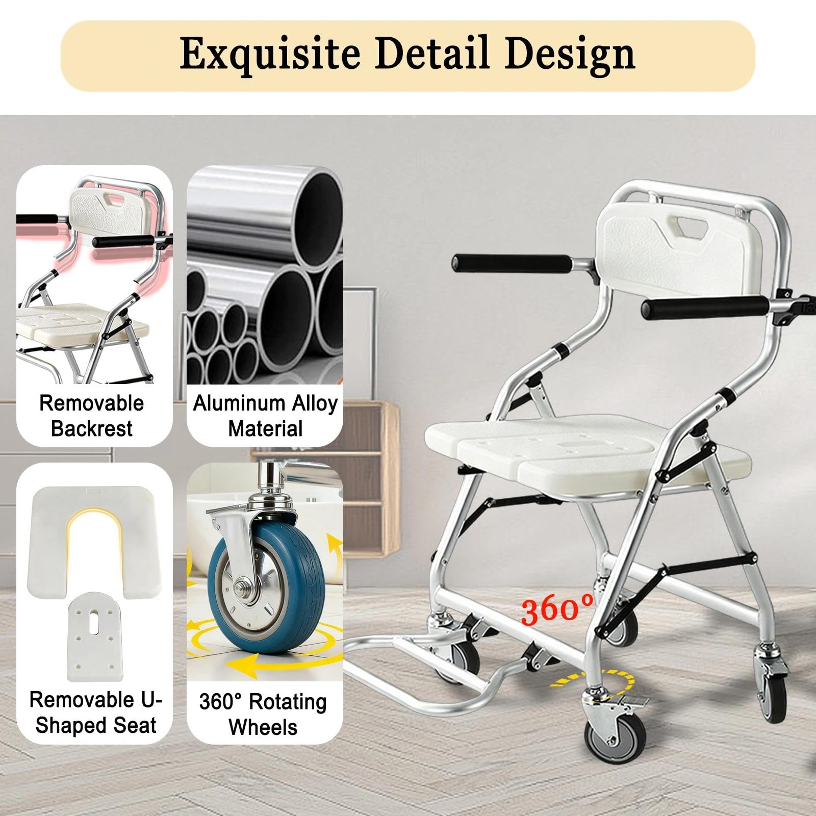 Silla de Ducha con Ruedas, Silla de Baño Ancianos Ducha con Reposabrazos y Respaldo, Taburete de Ducha Plegable para Personas Mayores y Discapacitados, Montaje sin Herramientas