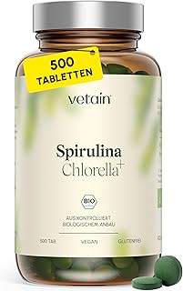 VETAIN Bio Spirulina & Chlorella Presslinge – 500 Tabletten – Hochdosiert: 4.800 mg pro Tag – Vorrat über 40 Tage – Vegan & ohne Zusätze – produziert & laborgeprüft in Deutschland