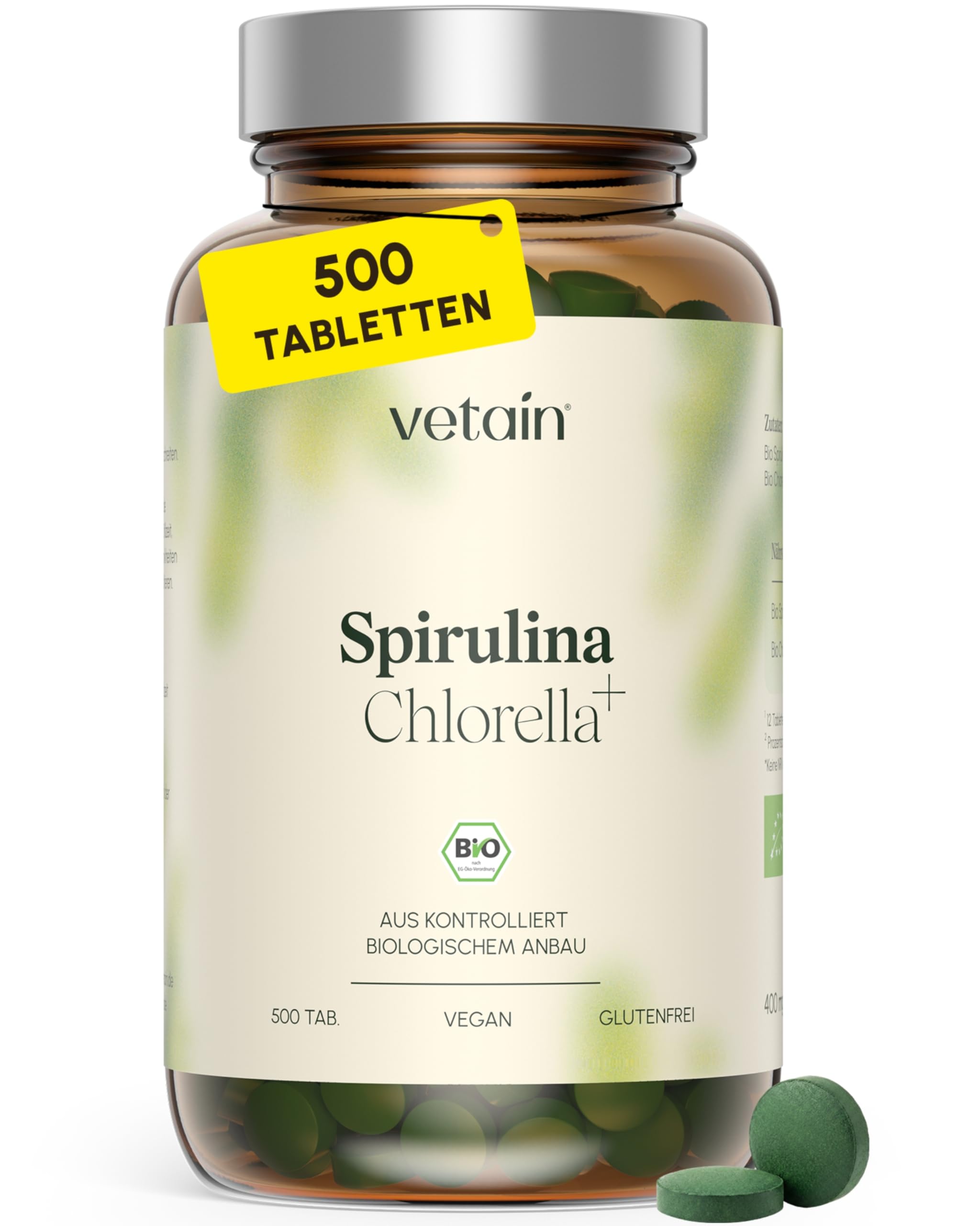 VETAIN Bio Spirulina & Chlorella Presslinge – 500 Tabletten – Hochdosiert: 4.800 mg pro Tag – Vorrat über 40 Tage – Vegan & ohne Zusätze – produziert & laborgeprüft in Deutschland