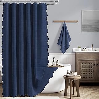 BTTN Navy Blue Scalloped Shower Curtain, Linen Textured Cute Fancy Heavy...