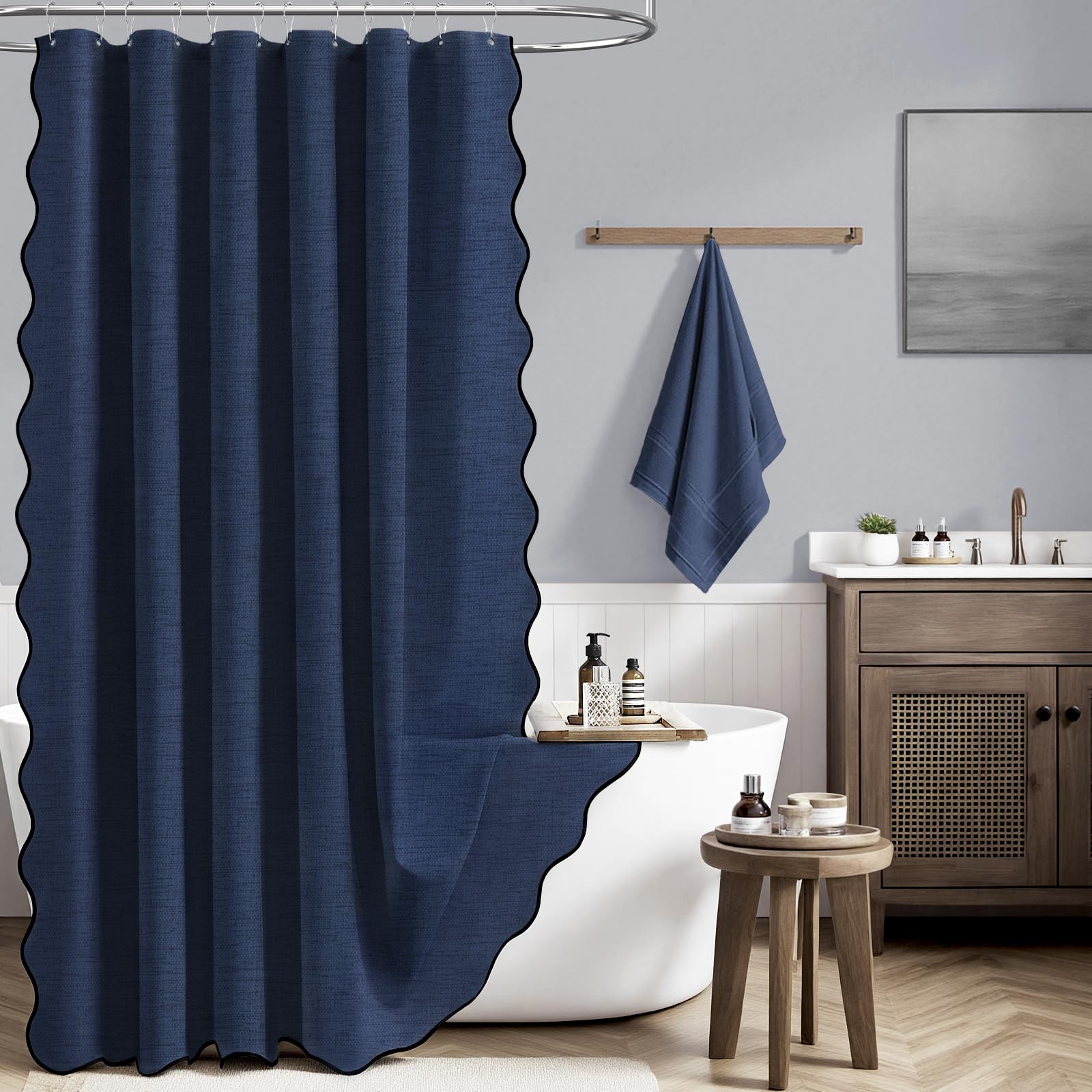 BTTN 93 x 183cm Navy Blue Scalloped Shower Curtain, Boho Narrow Waterproof Linen Look Textured Fabric, Anti-Mould & Mildew Resistant, Small Vintage Shower Curtain Set with 6 Plastic Hooks, Navy Blue