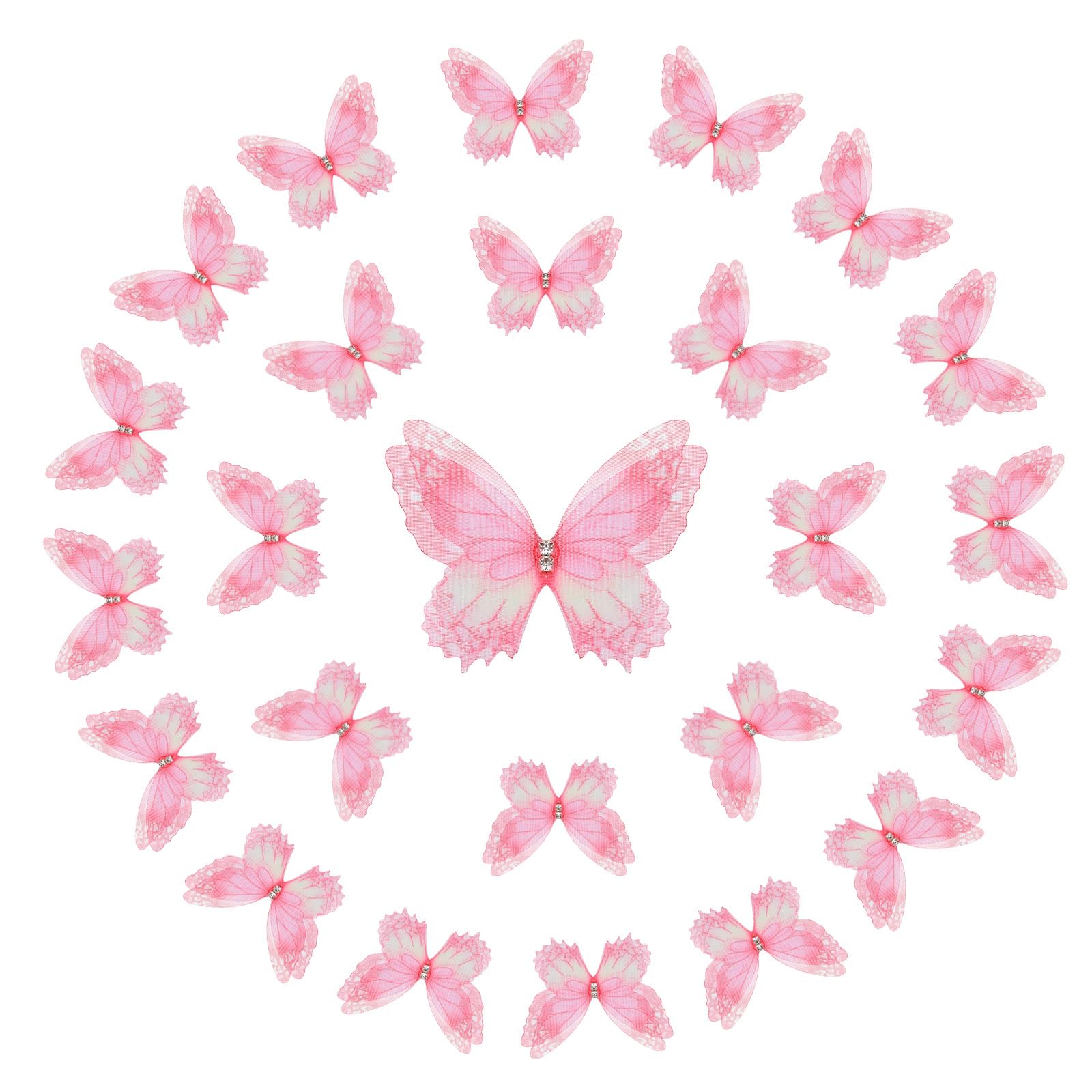 sourcing map 25 Pcs Sheer Mesh Butterfly Appliques, 5cm Two Layers Butterflies with Gem Applique Patch DIY 3D Craft Ornament for Wedding Party Home Decor Clothes, Pink