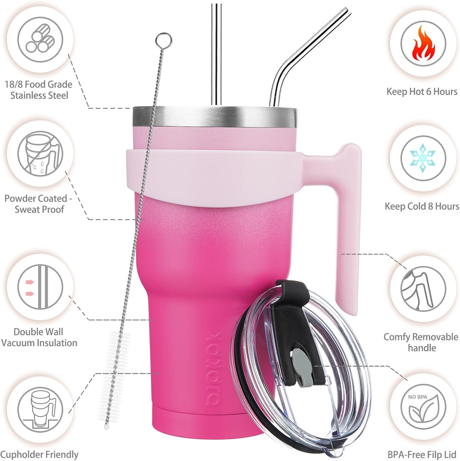 BJPKPK Tumbler With Handle 30oz Stainless Steel Insulated Tumbler Mugs With Lid And Straw For Women And Men,Cherry Blossom - Image 2