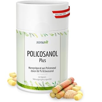 Sanuvit  Policosanol+ 60 Capsules Vegan from Sugarcane 25 mg Policosanol with 60% Octacosanol Pure Material Product Directly from Manufacturer Quality from Austria