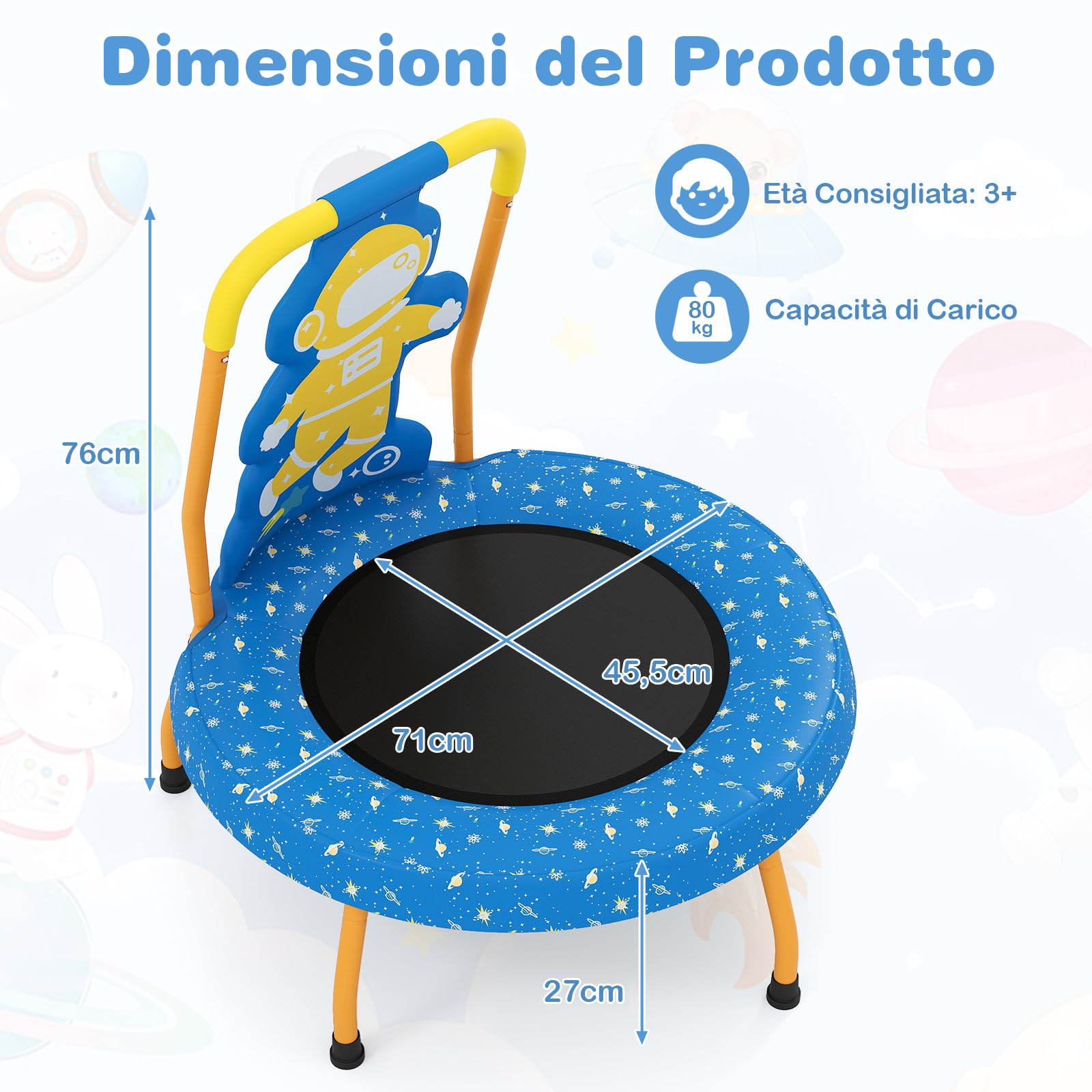 GYMAX Trampolino per Bambini 71cm con Maniglia, Tappetino di Sicurezza Senza Spazi e Maniglia in Schiuma, Trampolino Piccolo da Interno per Bambini 3+ Anni, Portata 80 Kg