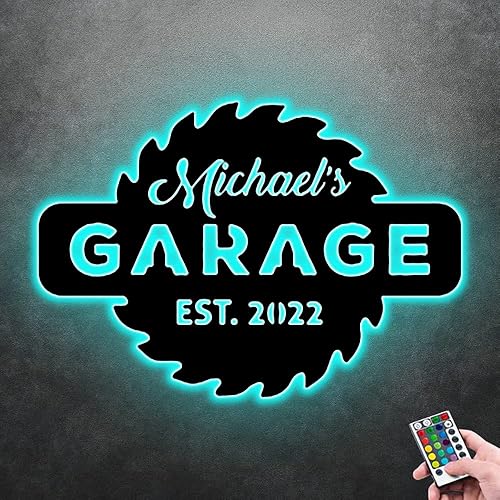 Letrero de garaje con nombre personalizado, herramientas de reparación de luz, arte de pared, decoración de taller, letrero de nombre de mecánico,